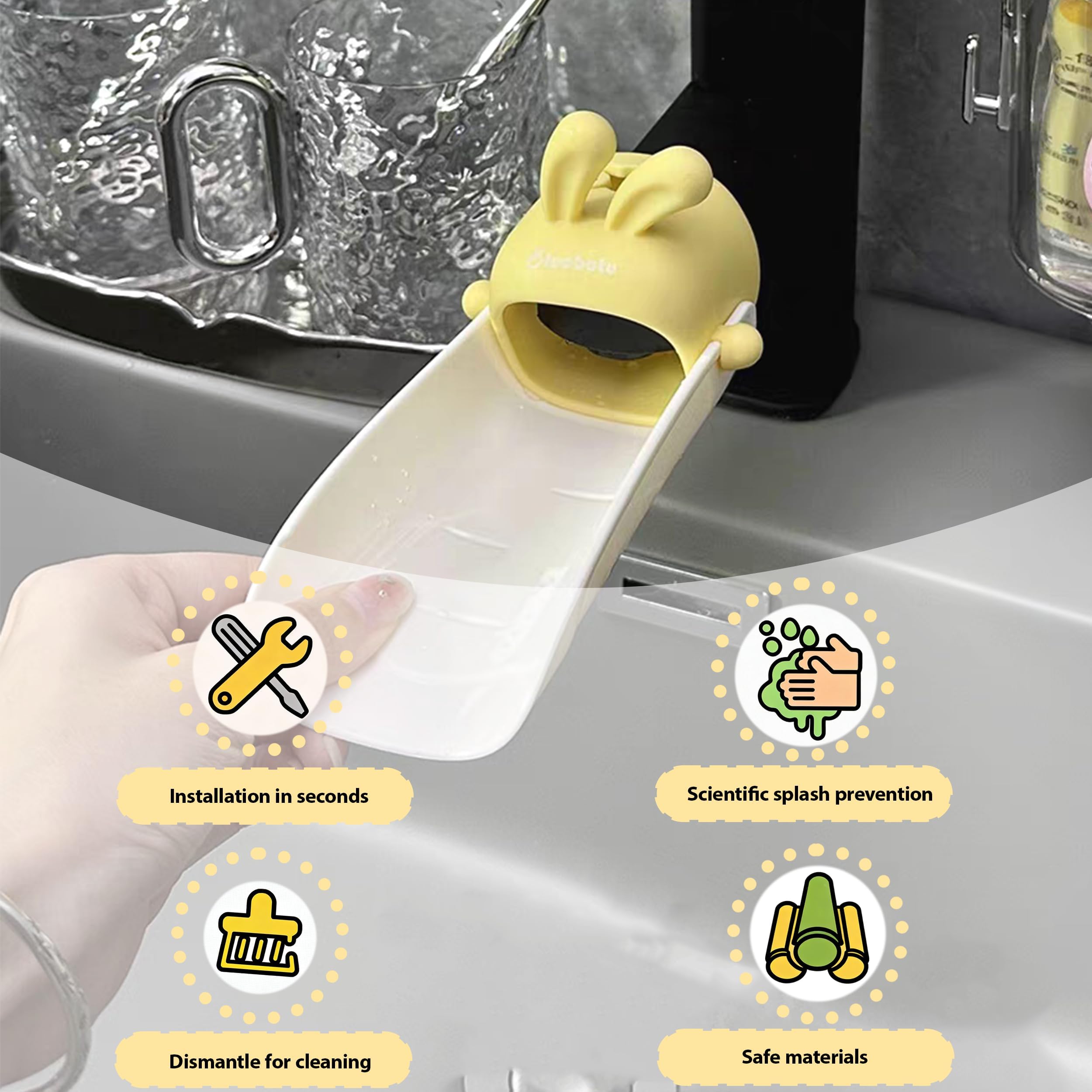 Prolongateur de Robinet Enfant Jaune, Rallonge de Robinet Mignonne avec Oreilles de Lapin en Plastique, Extension pour Lavabo d'Enfants, Facile à Installer pour Cuisine et Salle de Bain