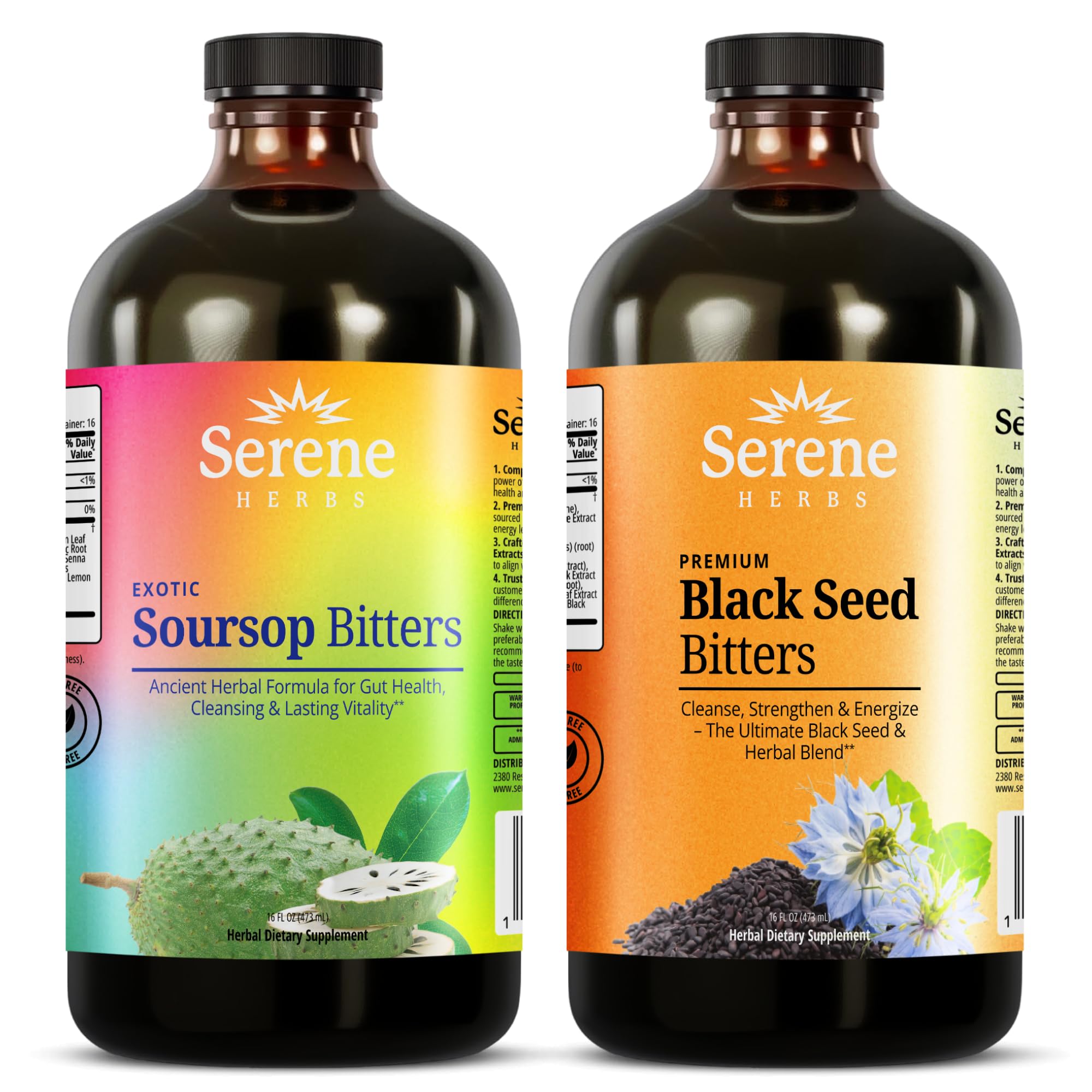 Serene Herbs Soursop Bitters Liquid & Black Seed Bundle – Ganabana à base de plantes organiques pour le soutien digestif et la santé immunitaire – végétalien, non OGM – 32 oz (16 oz chacun), 32 portions