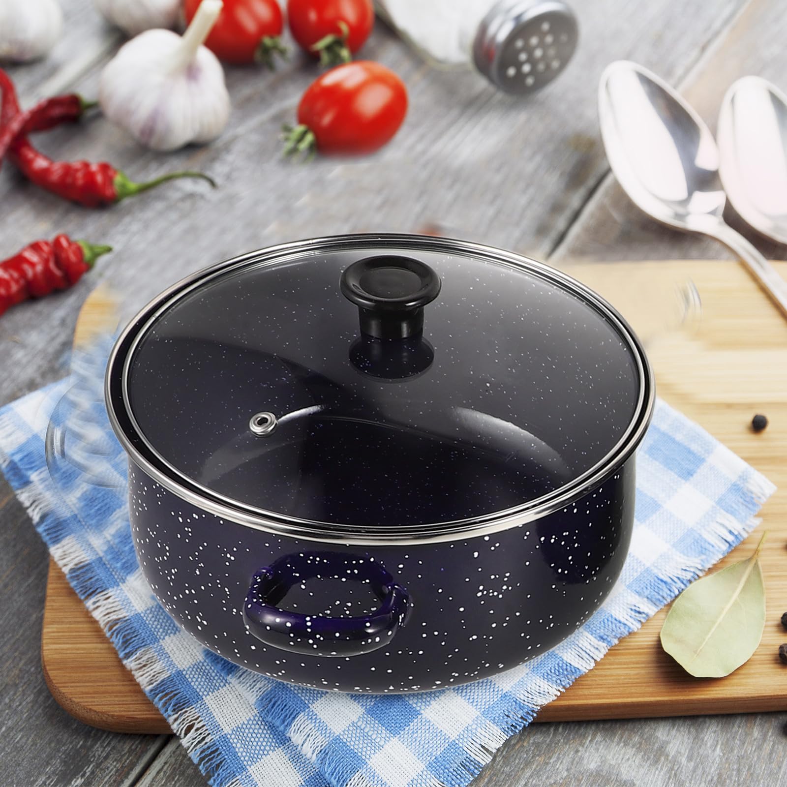 Emaille Kleiner Suppentopf 3 Stück mit Doppelgriffen und Flachem Boden Vielseitiges Topfset zum Kochen von Instant Nudeln und Salaten in Blau