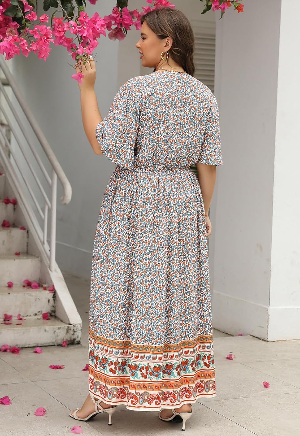 Nemidor Plus Size Women Summer Maxi Dress Floral Print Short Sleeve V Neck Casual Boho Long Dresses with Pocket - Image 6