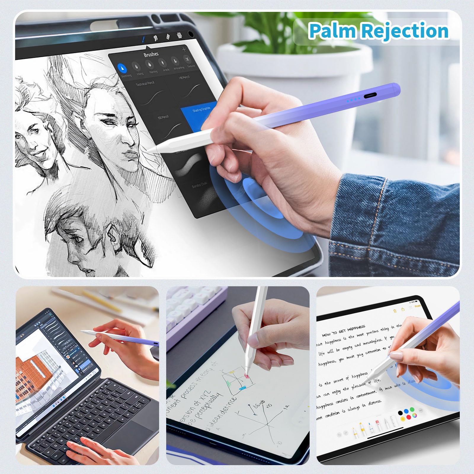 Eingabestift für iPad (2018–2025), Schnellladung mit Neigungsempfindlichkeit und Handflächenunterdrückung, iPad Pro 11 Zoll / 12,9 Zoll, iPad Mini 5/6, iPad Air 3/4/5, 6/7/8/9/10 (Weiß Lila)