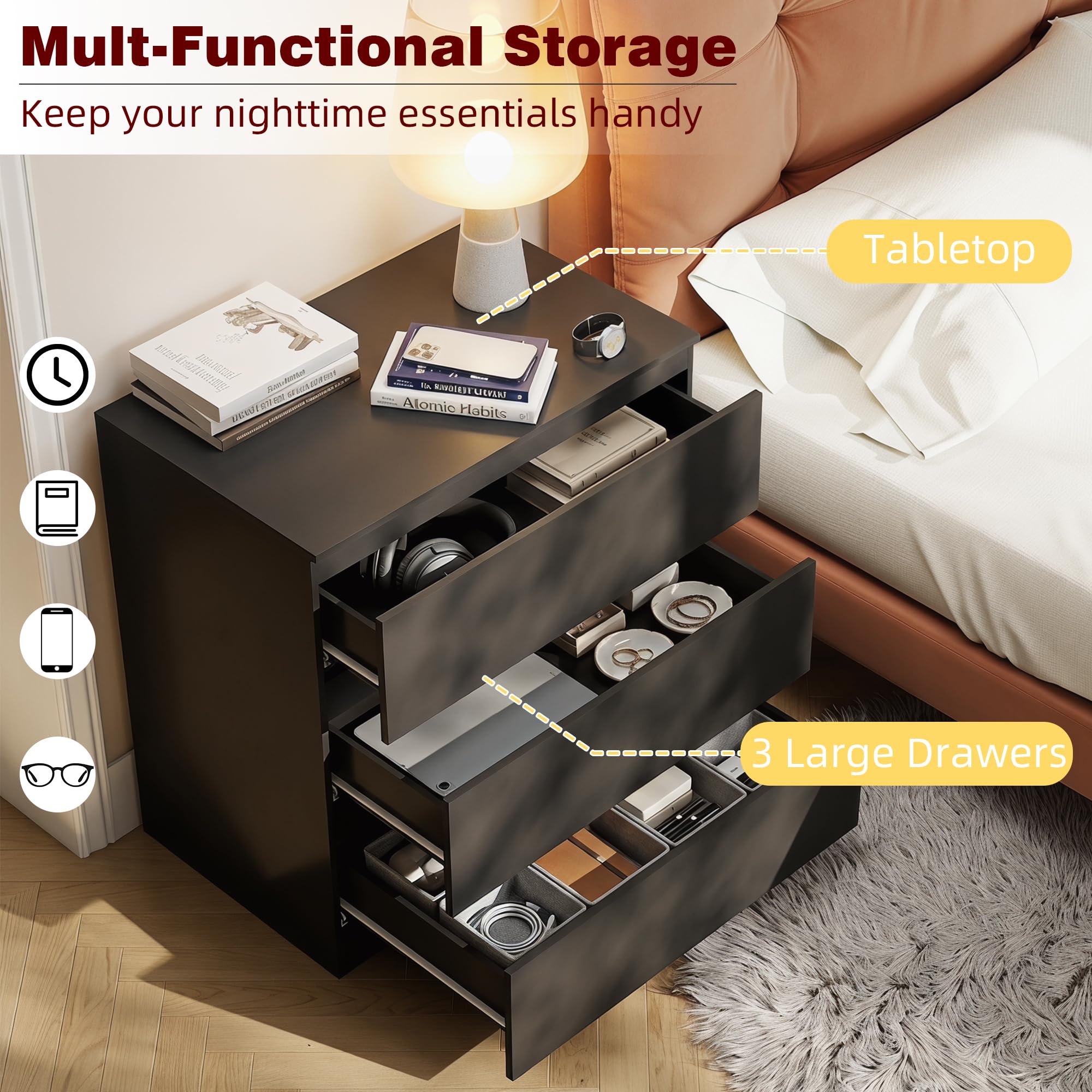 Comò 3 Cassetti Larghezza 70 cm, Mobili Camera da Letto Nero, Cassettiera, per Camera da Letto, Soggiorno, Ufficio e Ingresso, 70x40x75 cm (L x P x A)