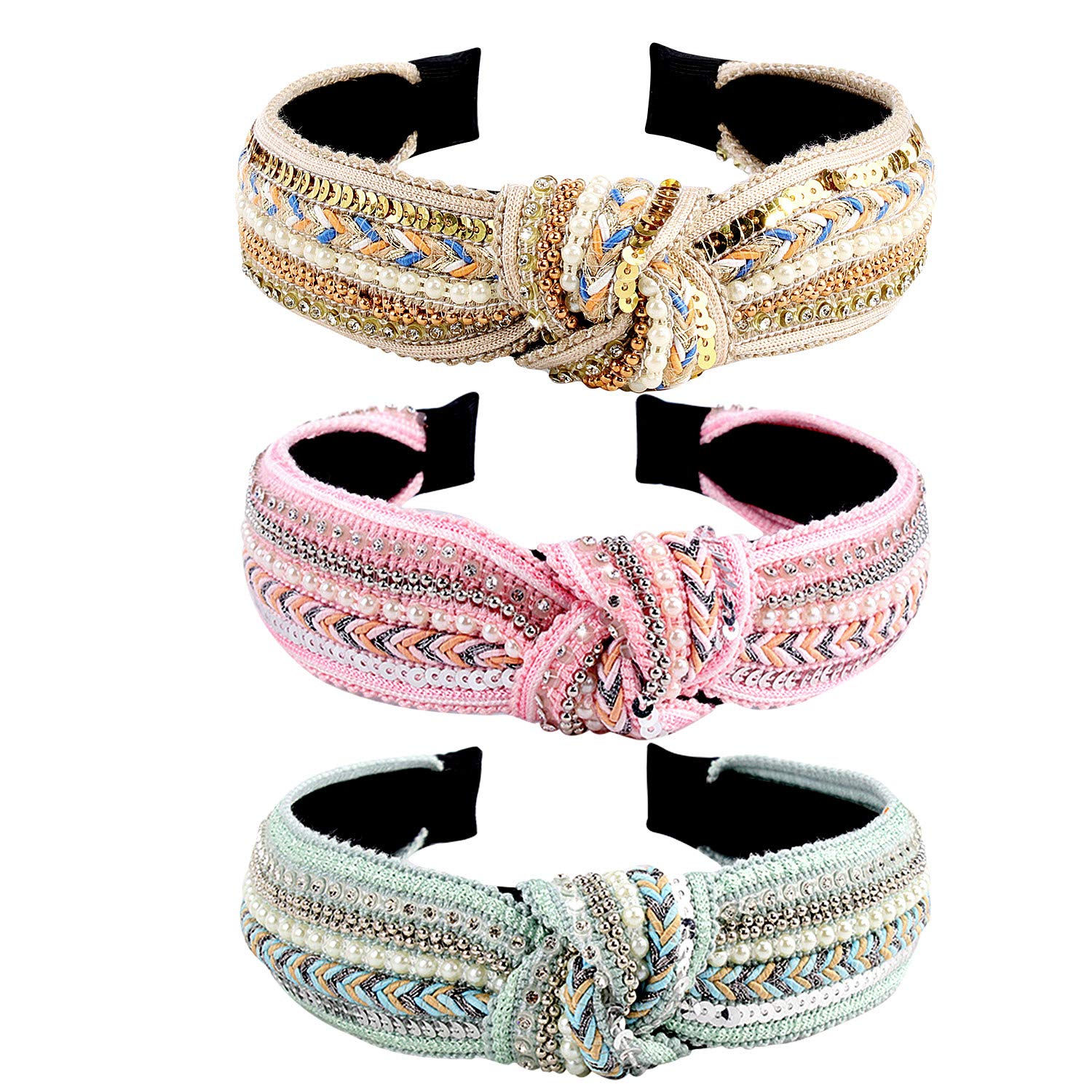 TOBATOBA Knotted Headbands for Women, 3 Pack Rhinestones Pearl Beaded Headbands, Top Knot Boho Head bands, Wide Turban Crystal Pearl Sequin Head bands, Vintage Non Slip Diamond Beaded Bling Hair Band