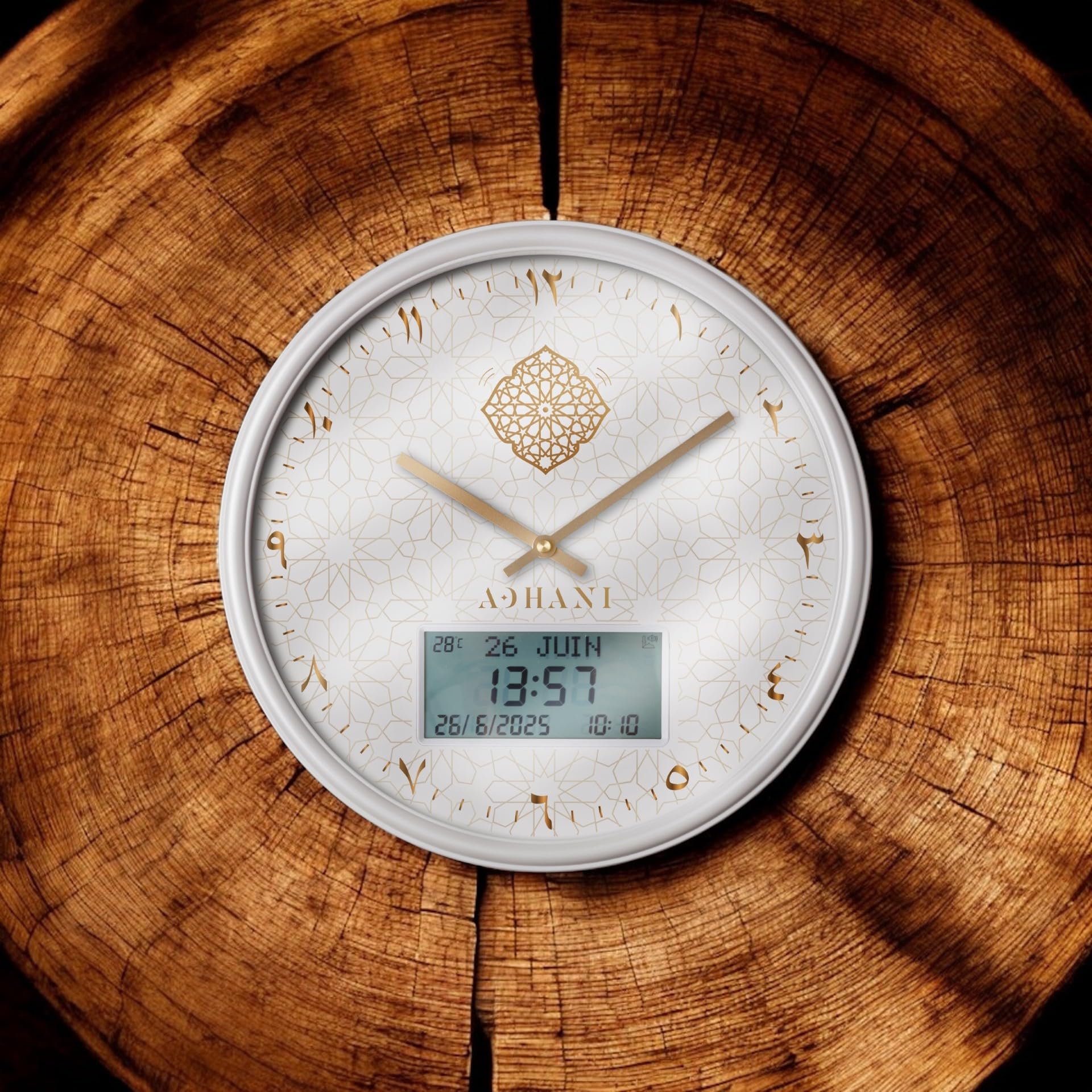 Horloge Adhan Moderne – Appel à la prière Automatique – Chiffres Indiens (Blanc doré)