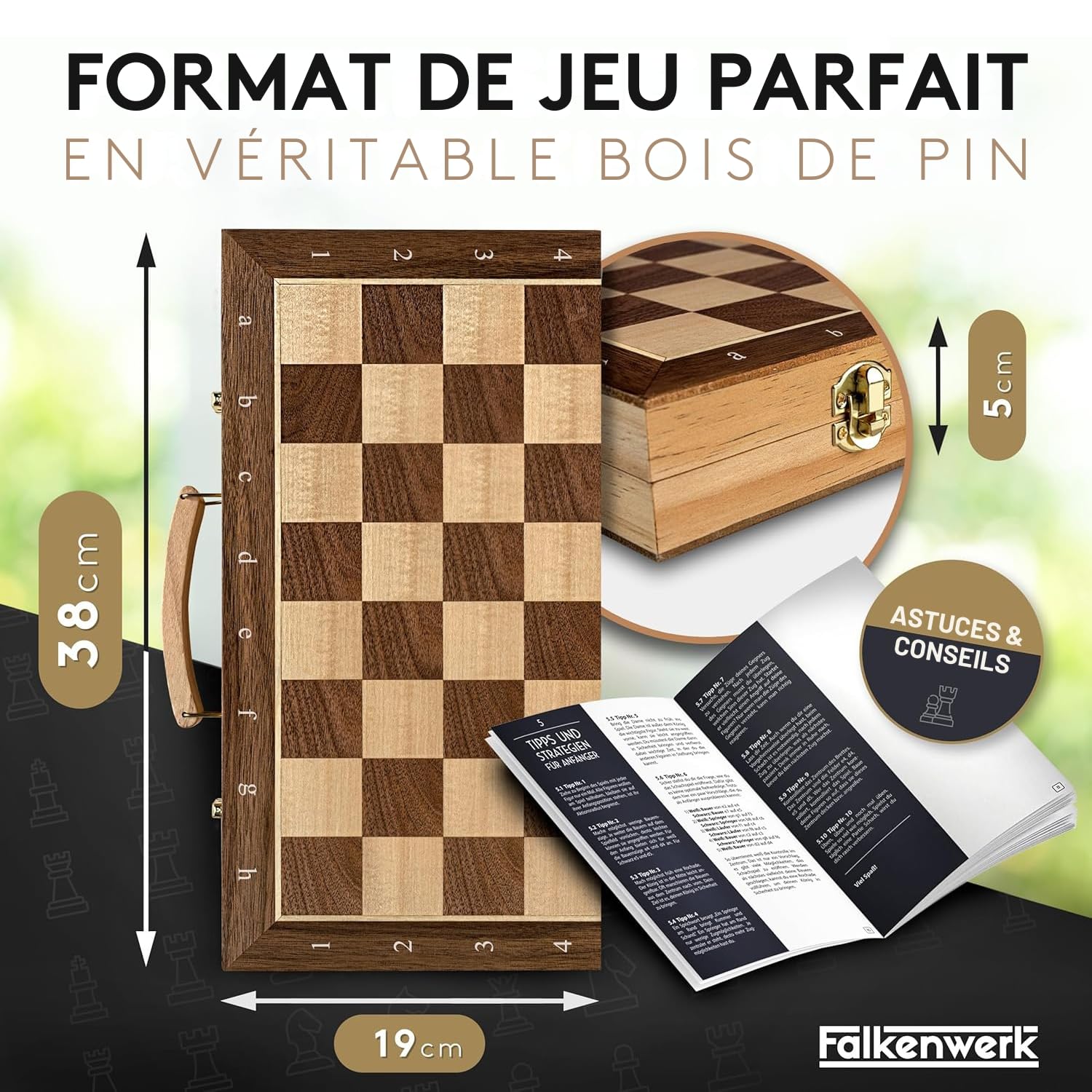 FALKENWERK Jeu d'Échecs Magnétique en Bois [38 x 38 cm] - Échiquier Fabriqué à la Main en Bois Véritable - Planche de Qualité Supérieure Avec Instructions et Conseils