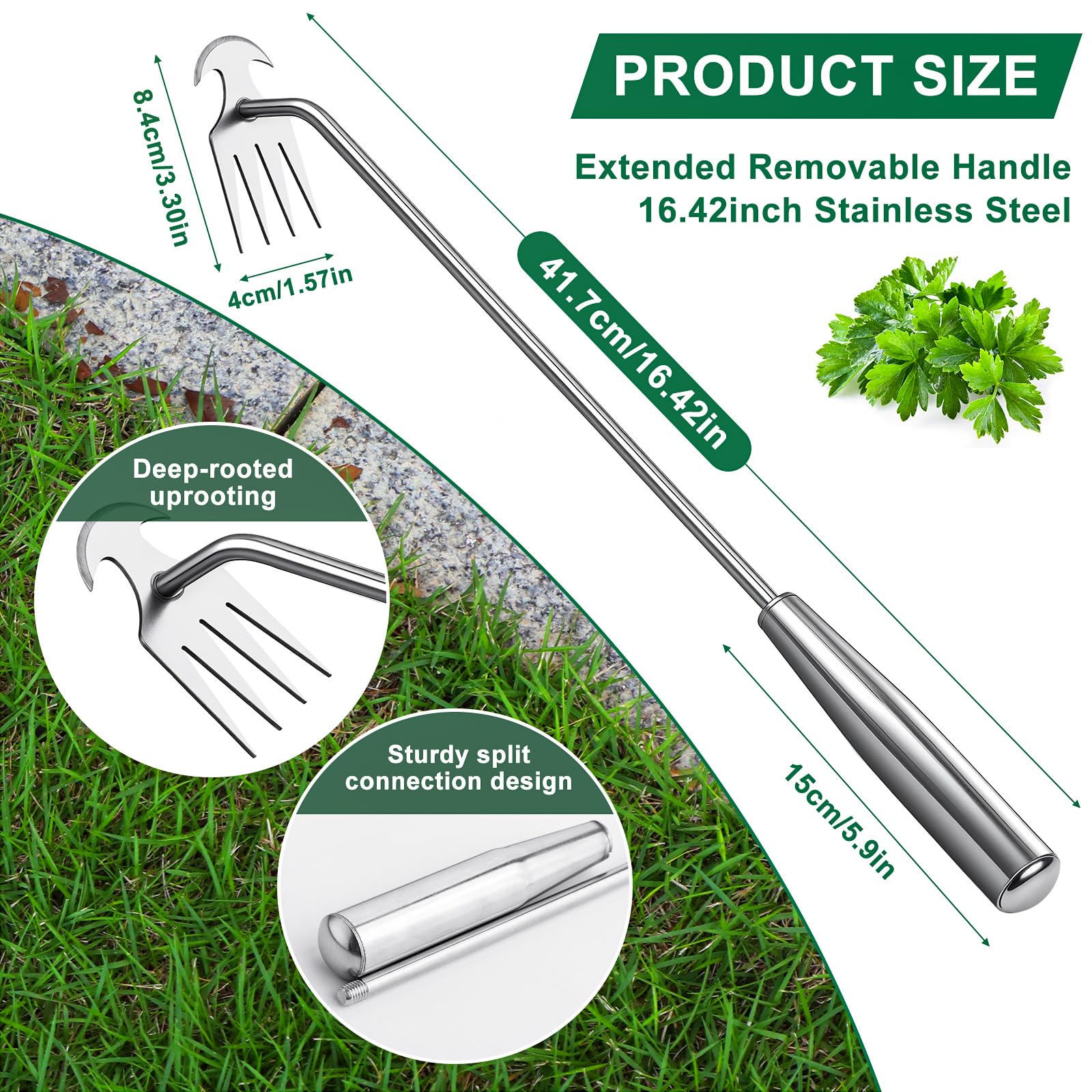 Hand Weeder Tool, Stainless Steel Handle Manual Weeder Tool, Pull Up Weeder Tool, Weed Discharge Tool, 4-Tooth Weeder Tool, Weeder Tool for Gardening 16inch