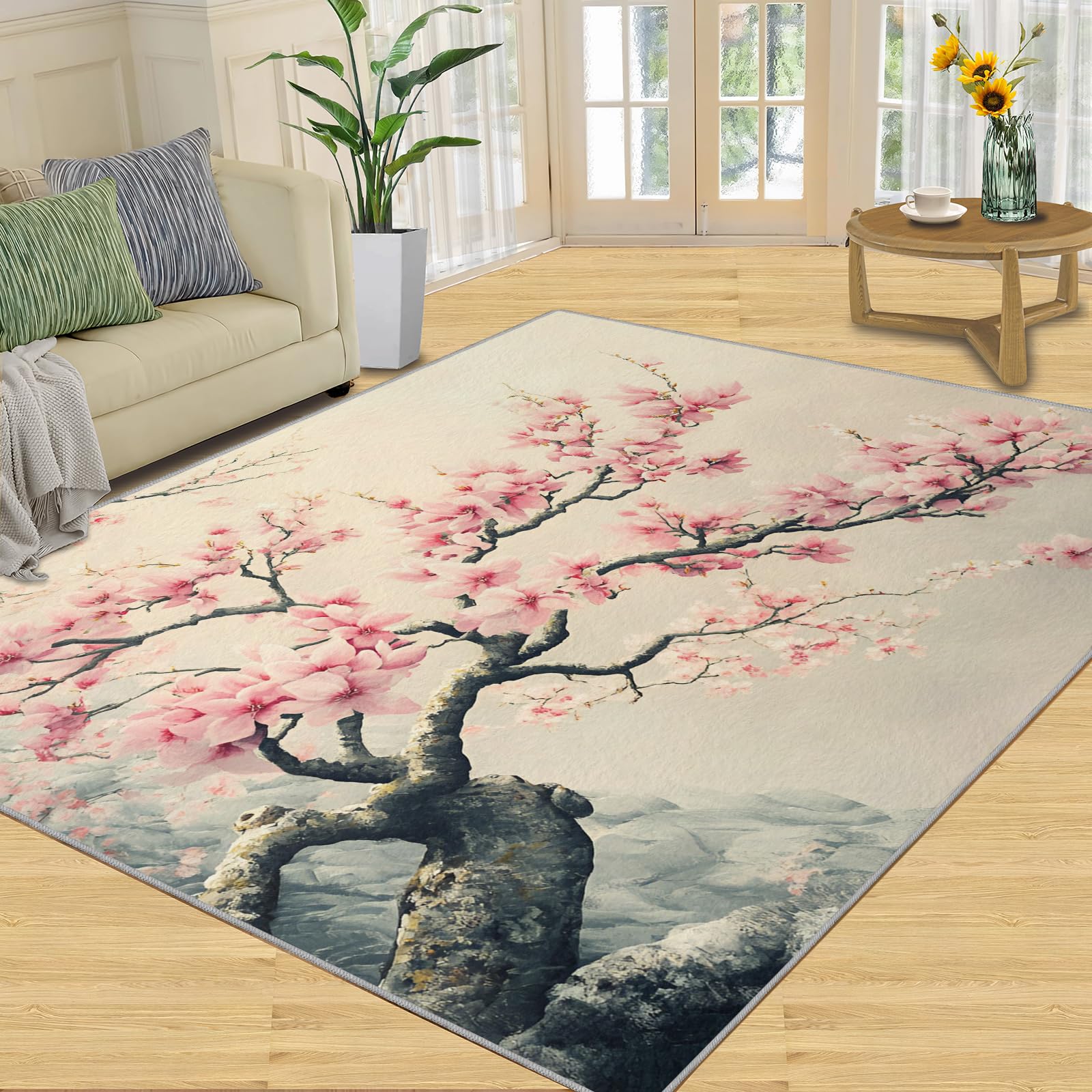 Japanische Teppiche für Schlafzimmer, 90 x 150 cm, Kirschblüten-Design, rutschfest und waschbar, antiker, künstlerischer Innenteppich, weiche Geräuschreduzierung, asiatischer Stil