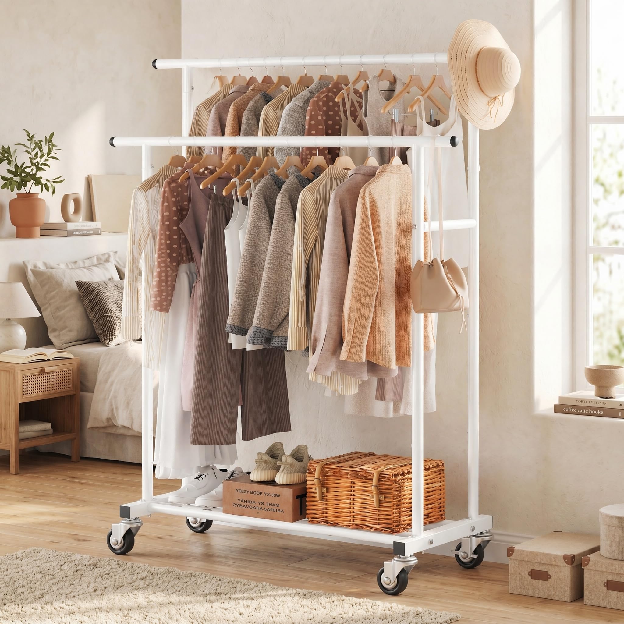 Calmootey Kleiderständer mit Doppelstange, rollbarer Kleiderständer, tragbarer Kleider-Organizer für Schlafzimmer, Wohnzimmer, Bekleidungsgeschäft, Weiß