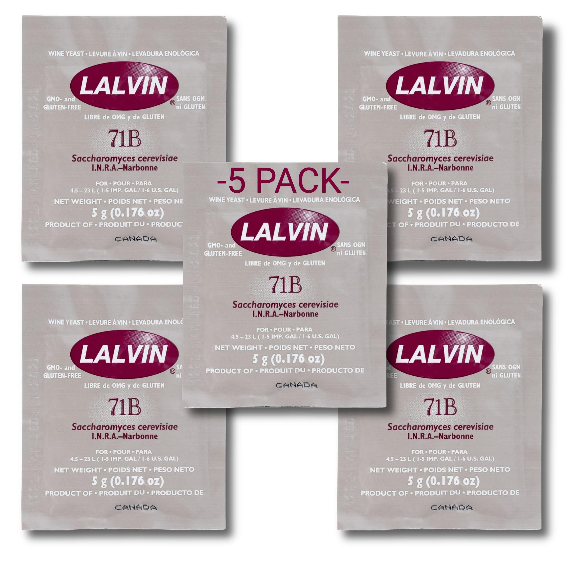 Lalvin 71B-1122 Vin Nouveau Style Wine Yeast 5 Pack - 5g Sachets for Homebrew Wine Making 4.5L-23L - Versatile Strain Blush, Rose, Residual Sugar Whites, Young Fruity Red Wines & Late Harvest Wines