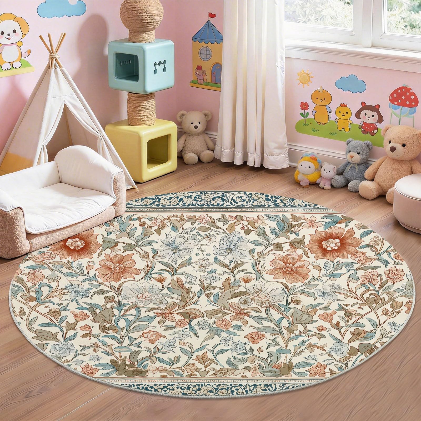 Tappeto rotondo, 120 cm, classico, vintage, antiscivolo, lavabile, a pelo corto, morbido, facile da pulire, per camera da letto, corridoio, sala da pranzo, colore: beige