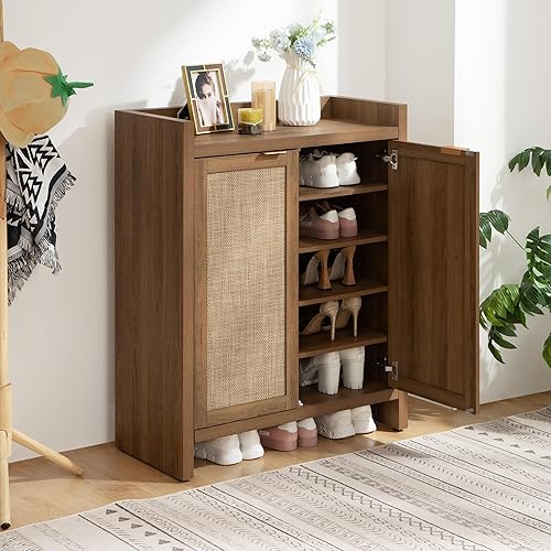 Miniatura 6 de SICOTAS Shoe Cabinet, 24 Pair Shoe Storage Organizer Cabinet, 41" Tall Rattan Shoe Cabinet with Doors and Shelves, 6-Tier Farmhouse Boho Wooden