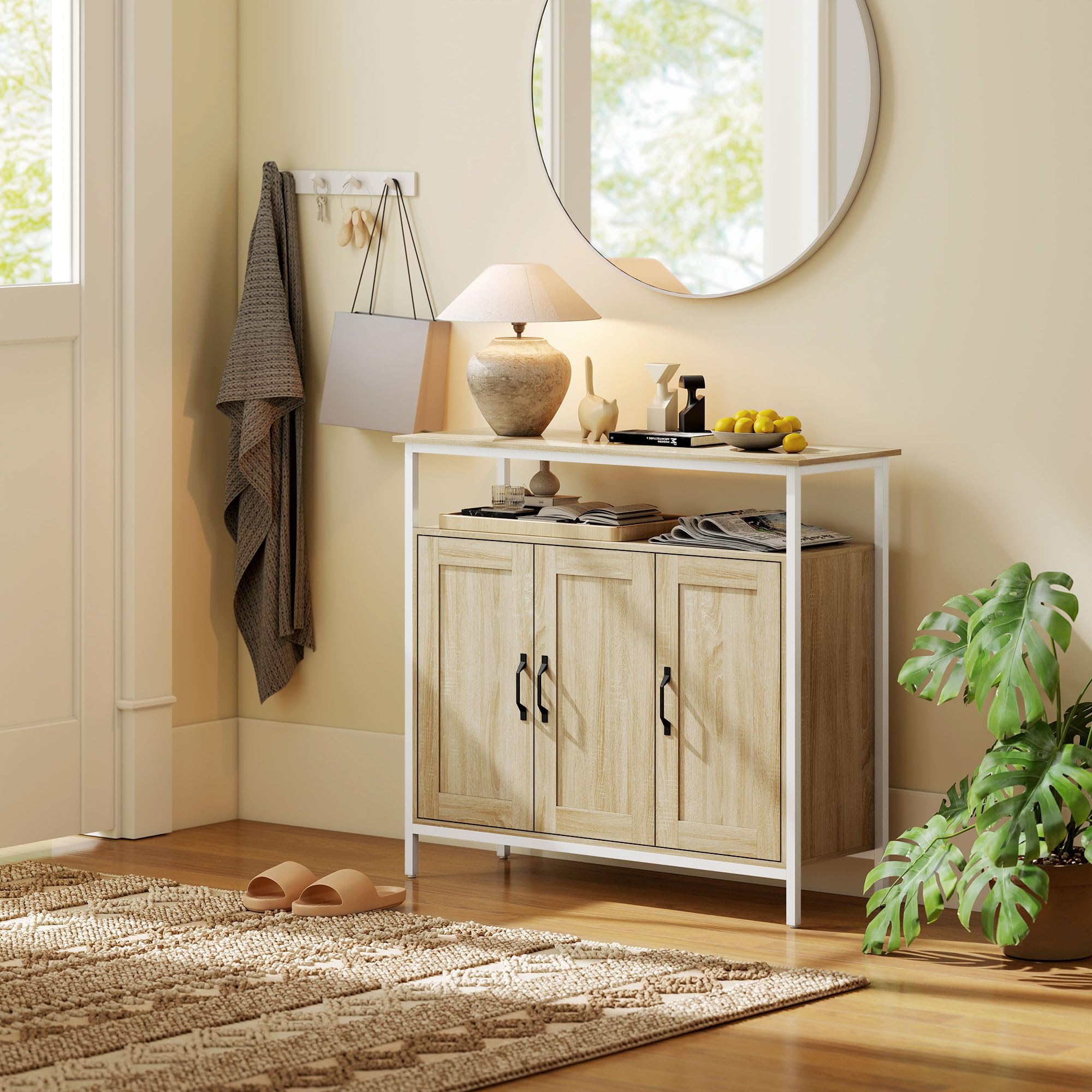 HOMCOM Buffet 3 Portes, Compartiment Ouvert, 100 x 35 x 88 cm, Bois Naturel | Meuble de Rangement, 4 Étagères Réglables, Cadre en Métal, Style Industriel, Salle à Manger, Cuisine, Salon