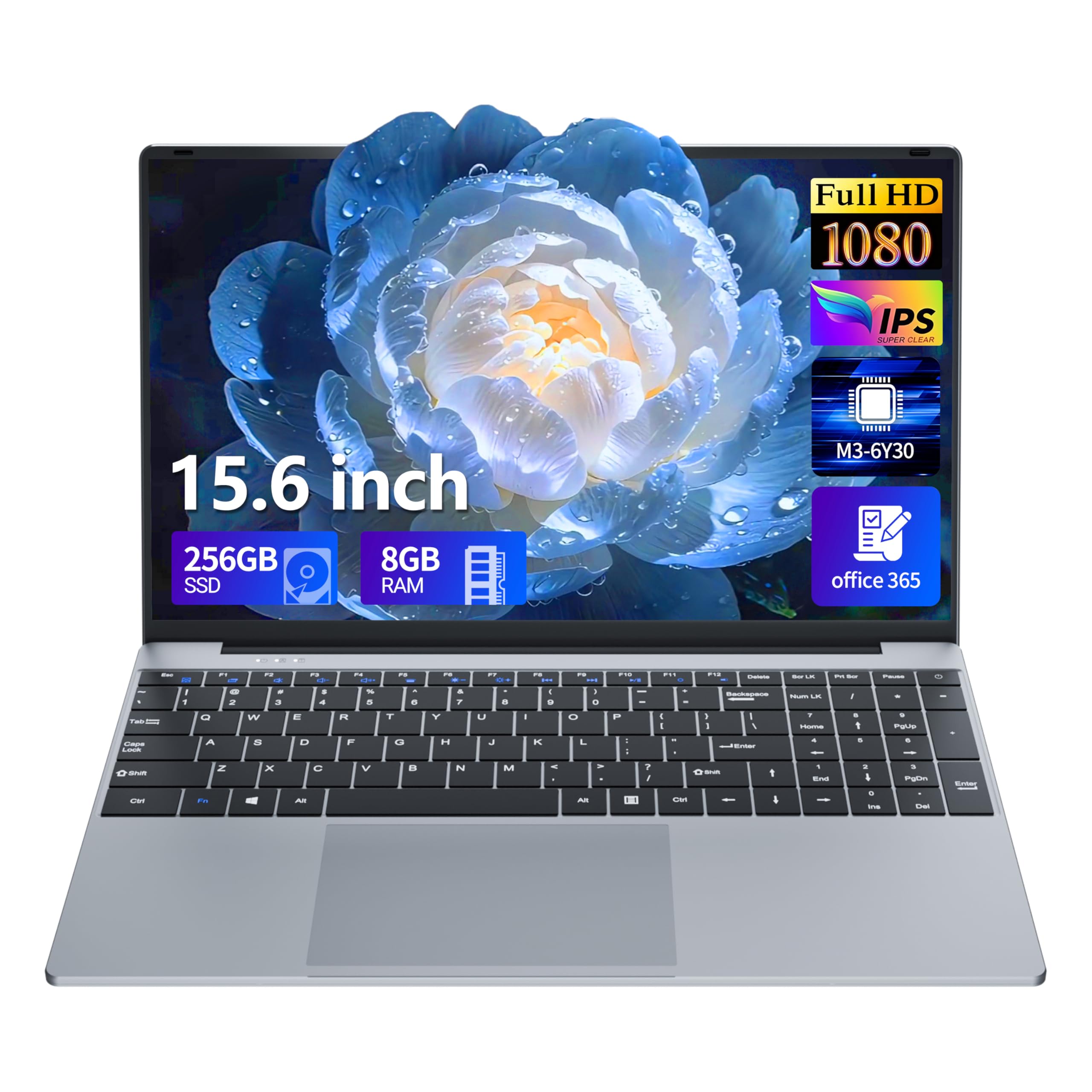 Notebook 15,6 Pollici Core M3 6Y30 Processore 8GB RAM 256GB SSD Portatile PC Win 11 e Office 365 Computer Portatile Sottile con Schermo FHD inclinabile di 180° mini-HDMI USB 3.0 WiFi 5 e Bluetooth 4.2