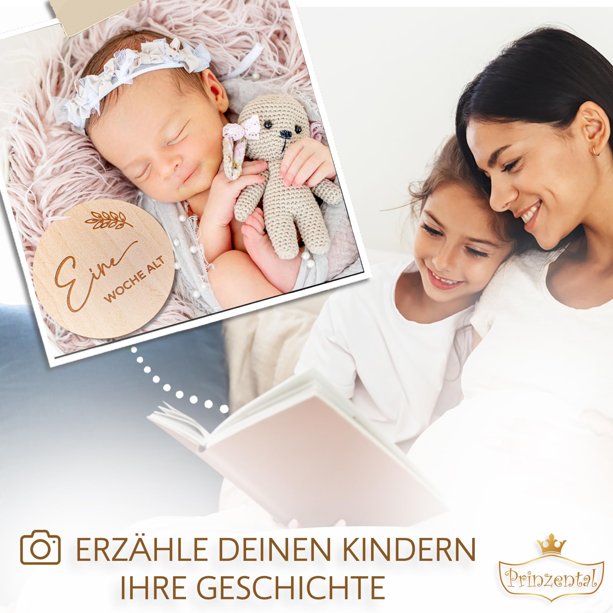 Meilensteinkarten Baby aus Holz | 40 Meilensteine auf edlen Holzscheiben | Mit Blanko Karte und Stoffbeutel | Geschenk zur Schwangerschaft | Zeitloses Design & Premium Qualität