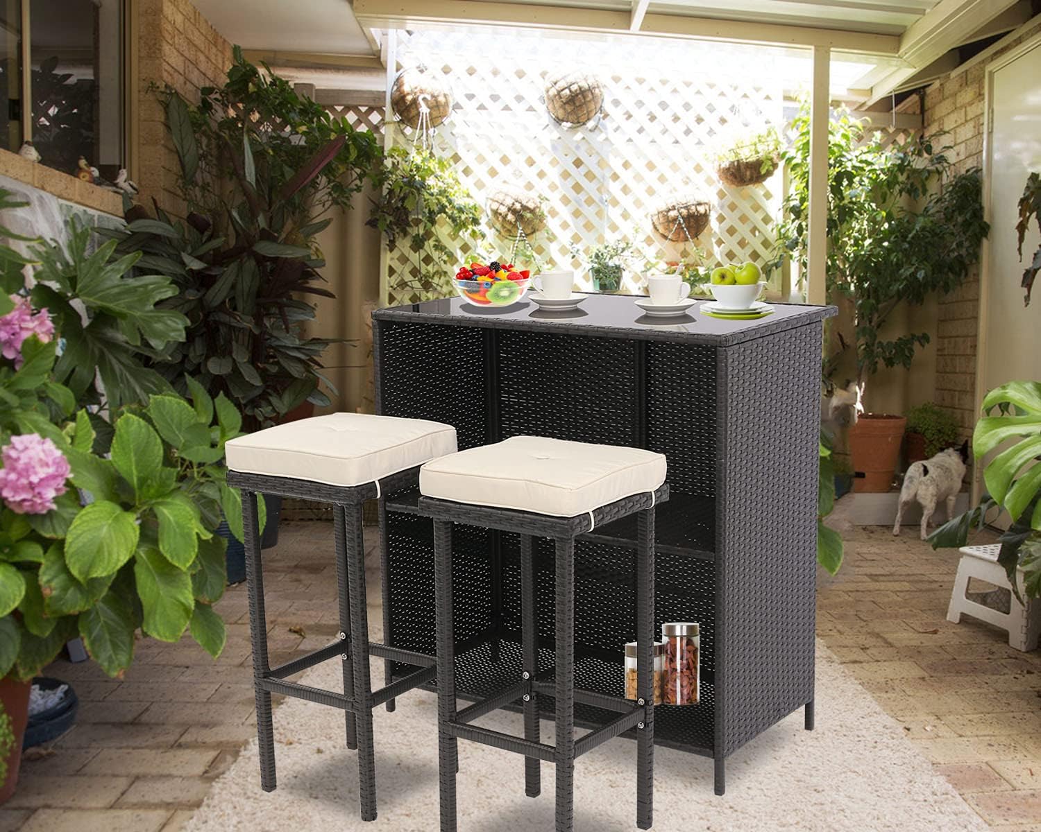 Do4U 3 Pieces Patio Bar Table Set All-Weather Outdoor Expresso Wicker Bar with 2 Storage Shelves Glass Top Table Cushioned Chairs for Poolside (Beige)