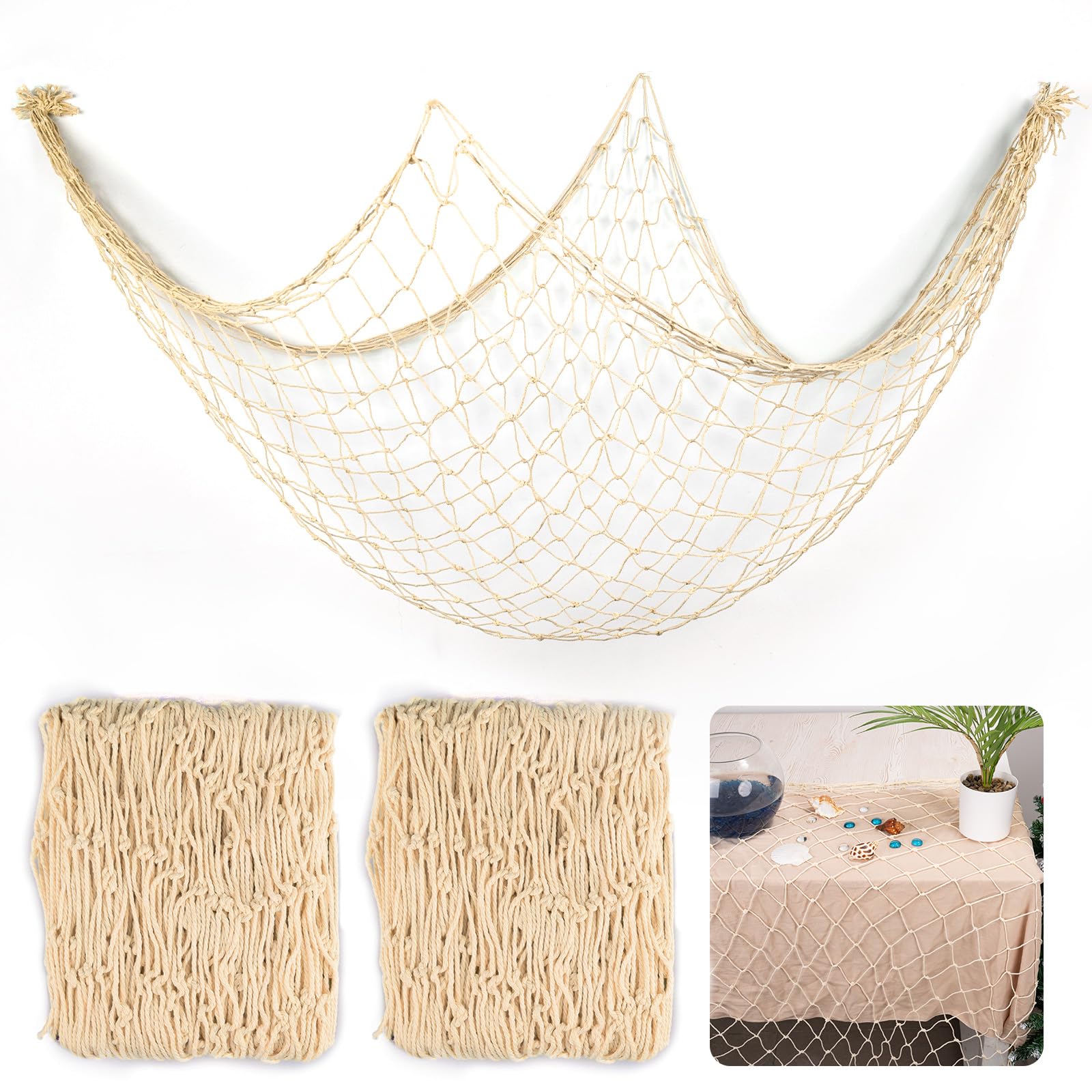 2 Pack Fish Net Decorations, 100x200CM Cotton Nautical Themed Fishing Net, Wall Hanging Photo Display Fishnet for Coastal Bedroom Bathroom, Pirate Hawaiian Beach Under The Sea Party Decor, Beige
