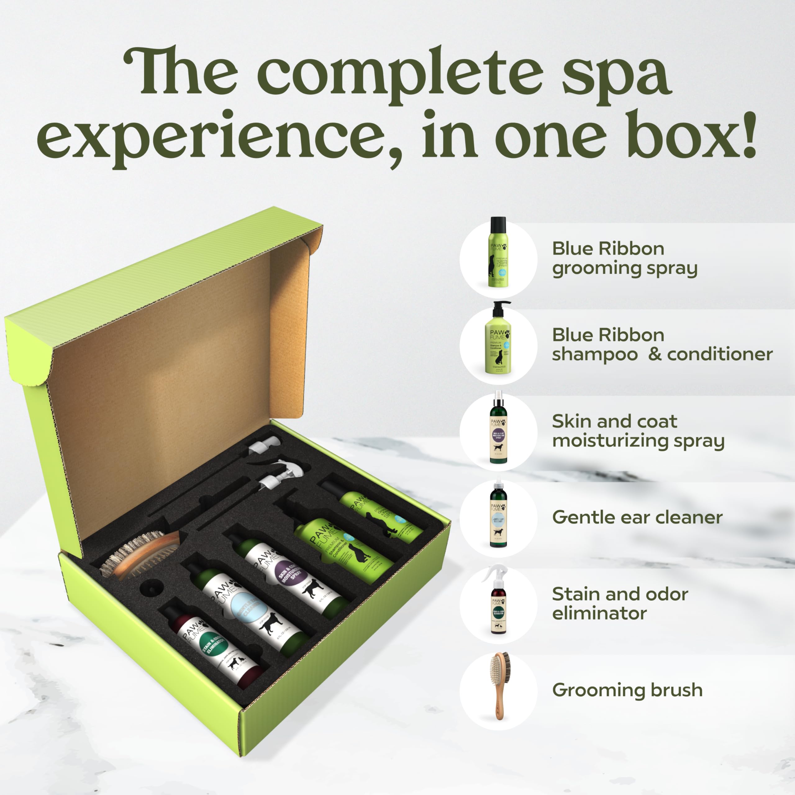 Pawfume Dog Gift Basket, 6-Piece Box – Give Your Pup a Spa-Quality Coat & Odor-Free Freshness – Probiotic Deodorizer Spray, Hypoallergenic Grooming Mist & Premium Brush – Dog Gift Boxes for All Breeds