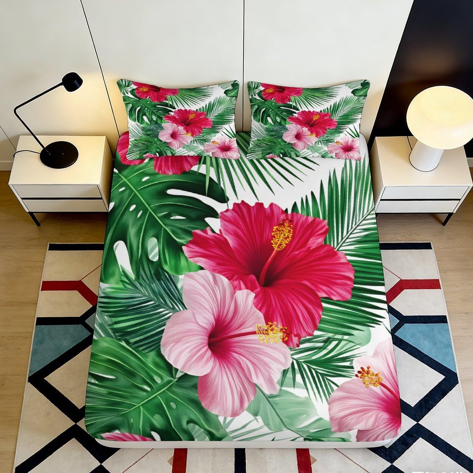 3D Printed Tropical Hibiscus Fitted Sheet Microfiber Anti-Slip Mattress Cover Floral Leaves for Bedroom Guest Room Decor 90x200x25cm