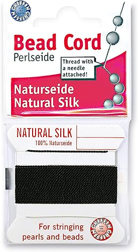 Griffin Cordón de cuentas de seda Perlseide  Color negro  Tamaño 3 (0.50mm)  2 metros por tarjeta  Con aguja de acero inoxidable unida  para anudar