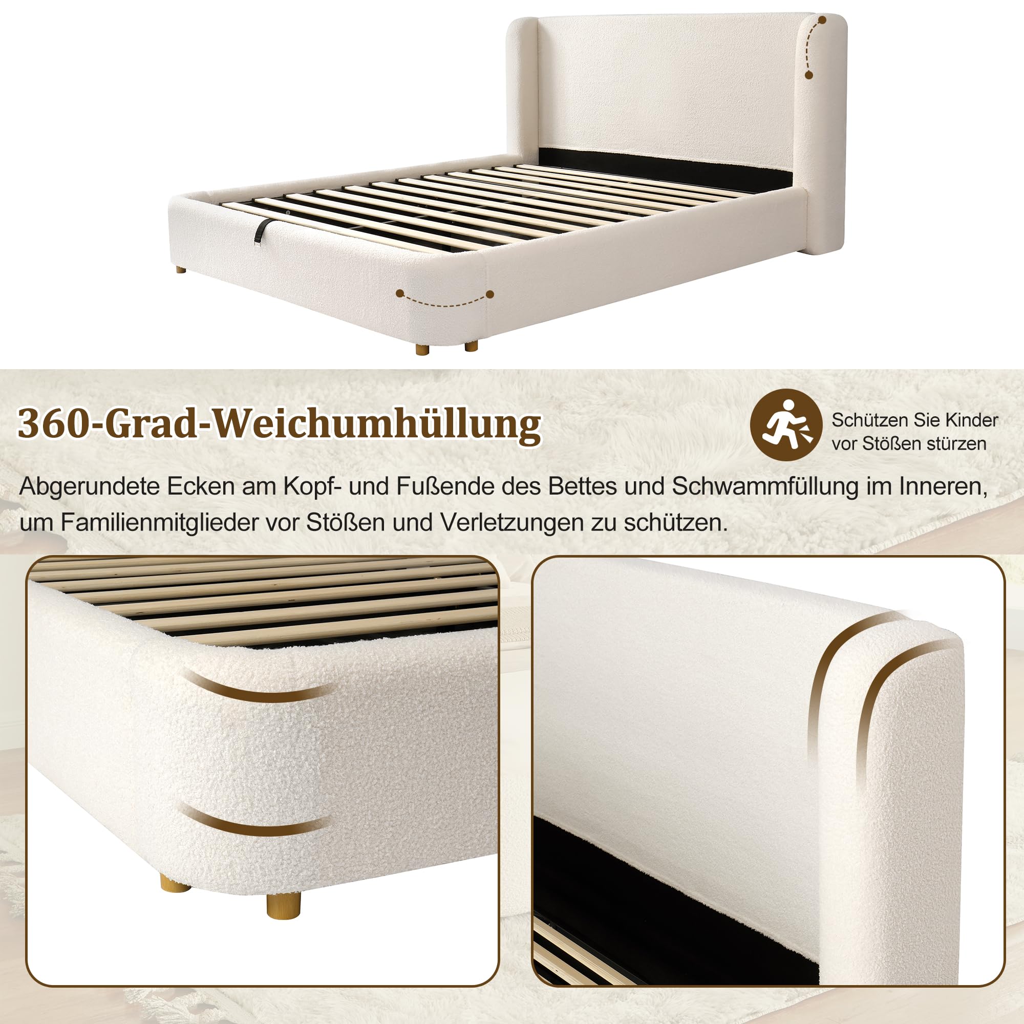 Cama Canapé 160x200 Tapizado Bouclé Cama Tapizada con Cabecero Acolchado Double Bed con Elevación Hidráulica con Somier de Lamas con Almacenamiento Integrado para Apartamento Beige