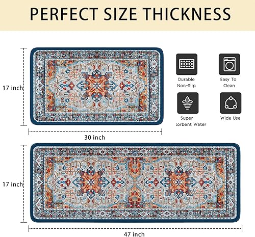 Miniatura 3 de Sunmdecor Juego de 2 alfombras de cocina de estilo bohemio y verde azulado, tapetes de cocina lavables antideslizantes (17 x 48 + 17 x 24 pulgadas)