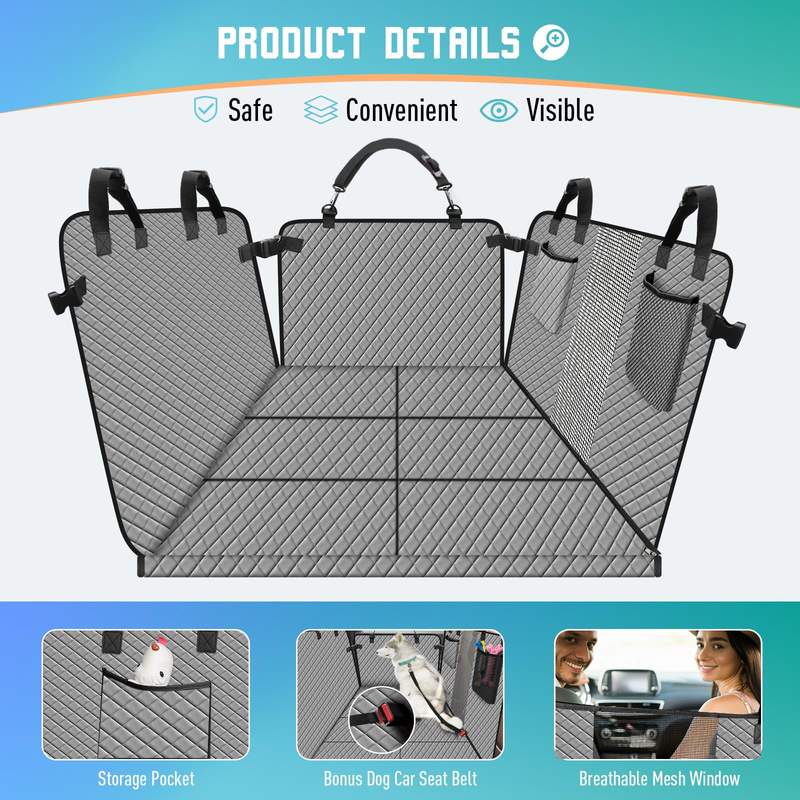 Reiseresa Coperta per cani per auto, versatile coperta per cani con robusta tavola in legno duro e cinture di sicurezza, impermeabile, per tutte le auto, SUV, colore grigio