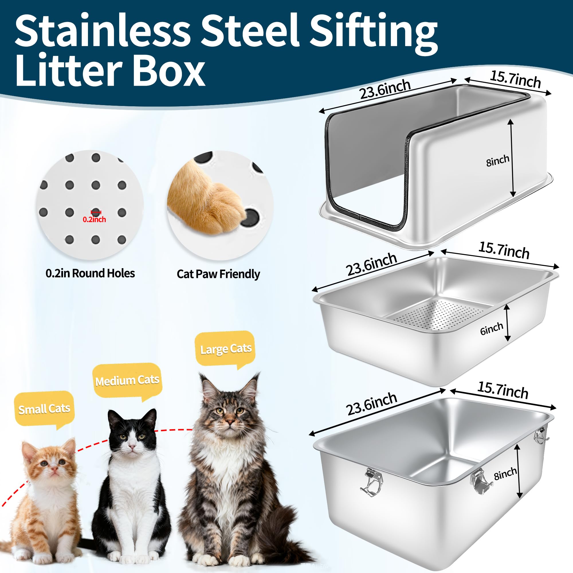 Bac à litière XXL en Acier Inoxydable pour Chat - 60x40x40cm (L x l x H) - Extra Large - Semi-fermée - Amovible - avec Couvercle Haut - Pelle - Non adhésive - Nettoyage Facile