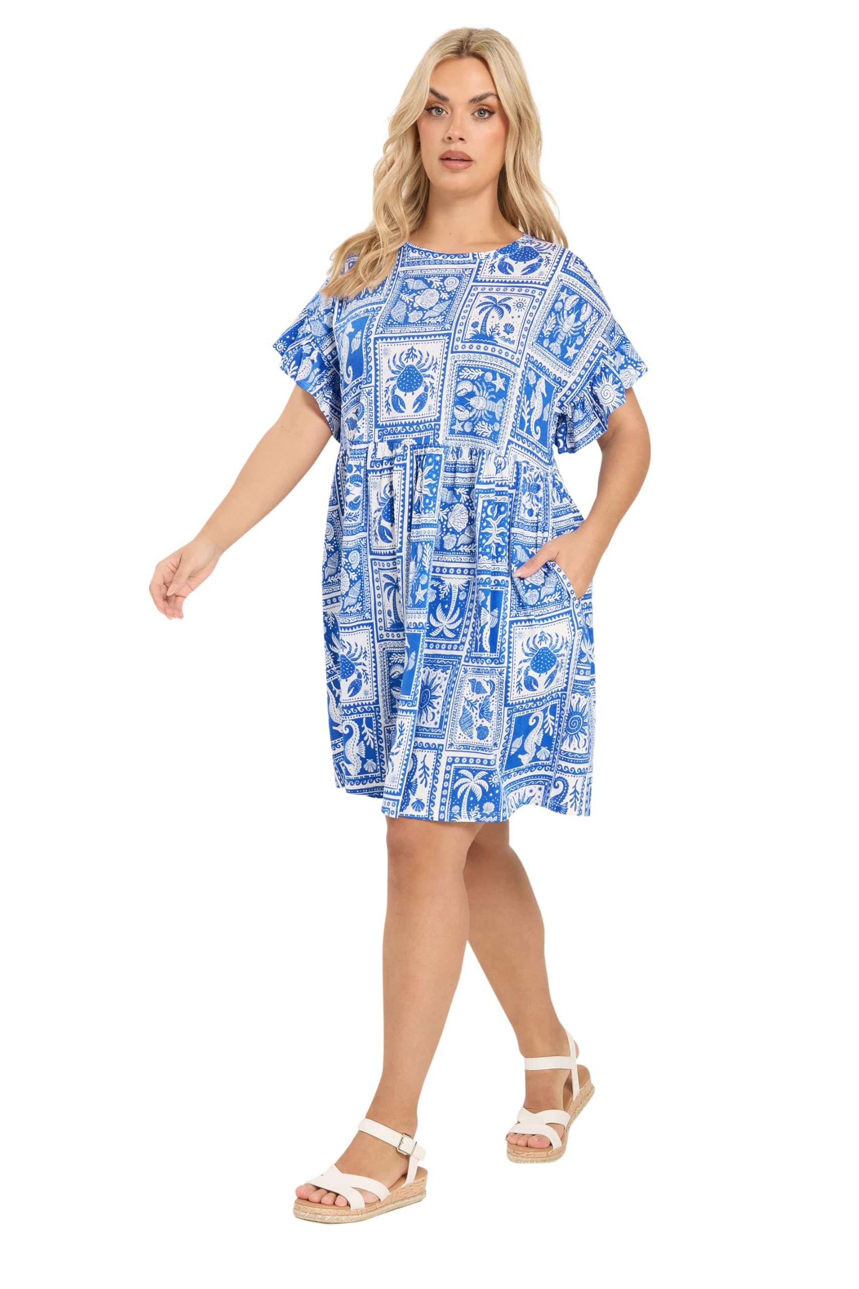 Yours Women's Mixed Shell Frill Sleeve Tunic Dress in Royal | Size: 22-24