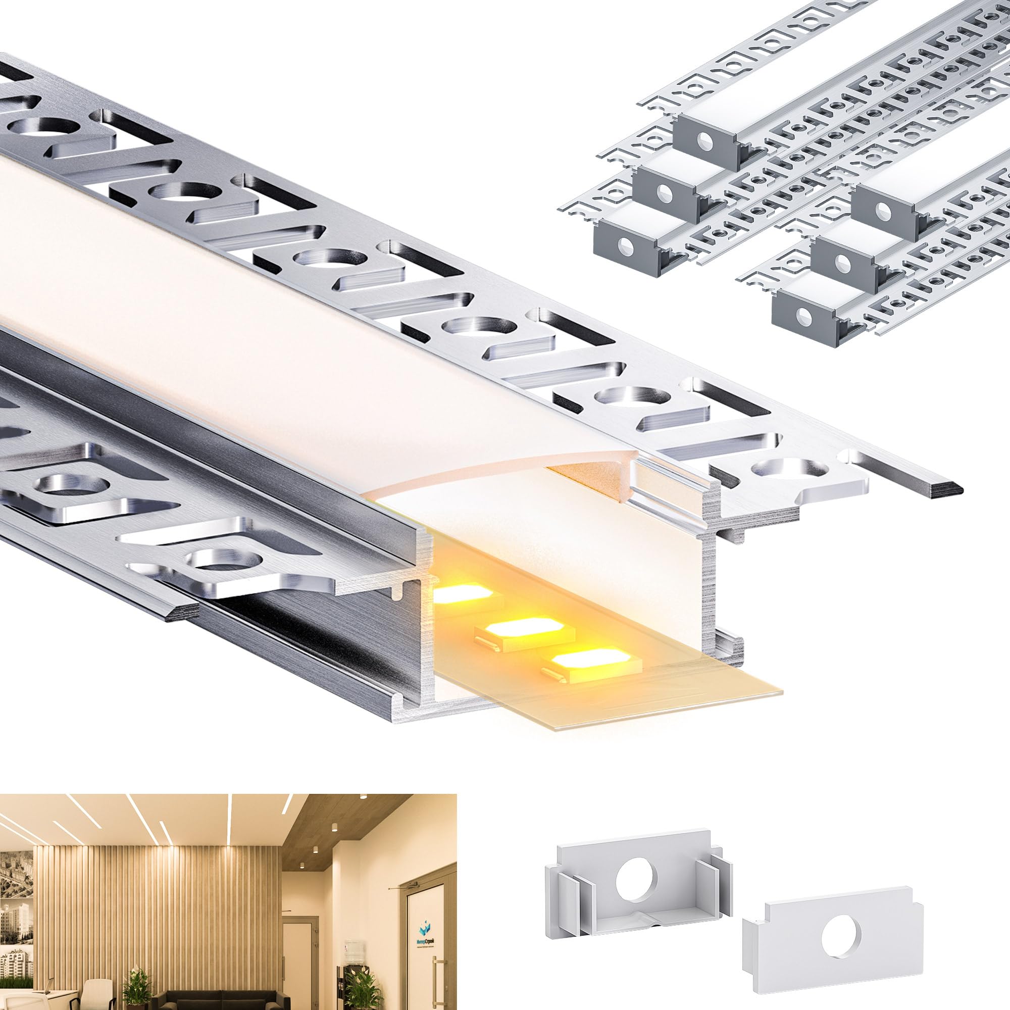 LED Trockenbauprofil 6 x 2m(12m) für LED Streifen, LED Aluminium Profil Trockenbau mit Abdeckung milchig LED Profil Trockenbau Decke Wand Schattenfuge 2000×64.2×13.8mm