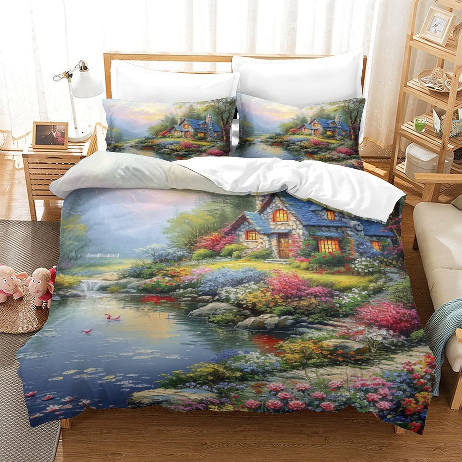 Parure de lit microfibre super douce 3D chalet forêt housse de couette 260x220