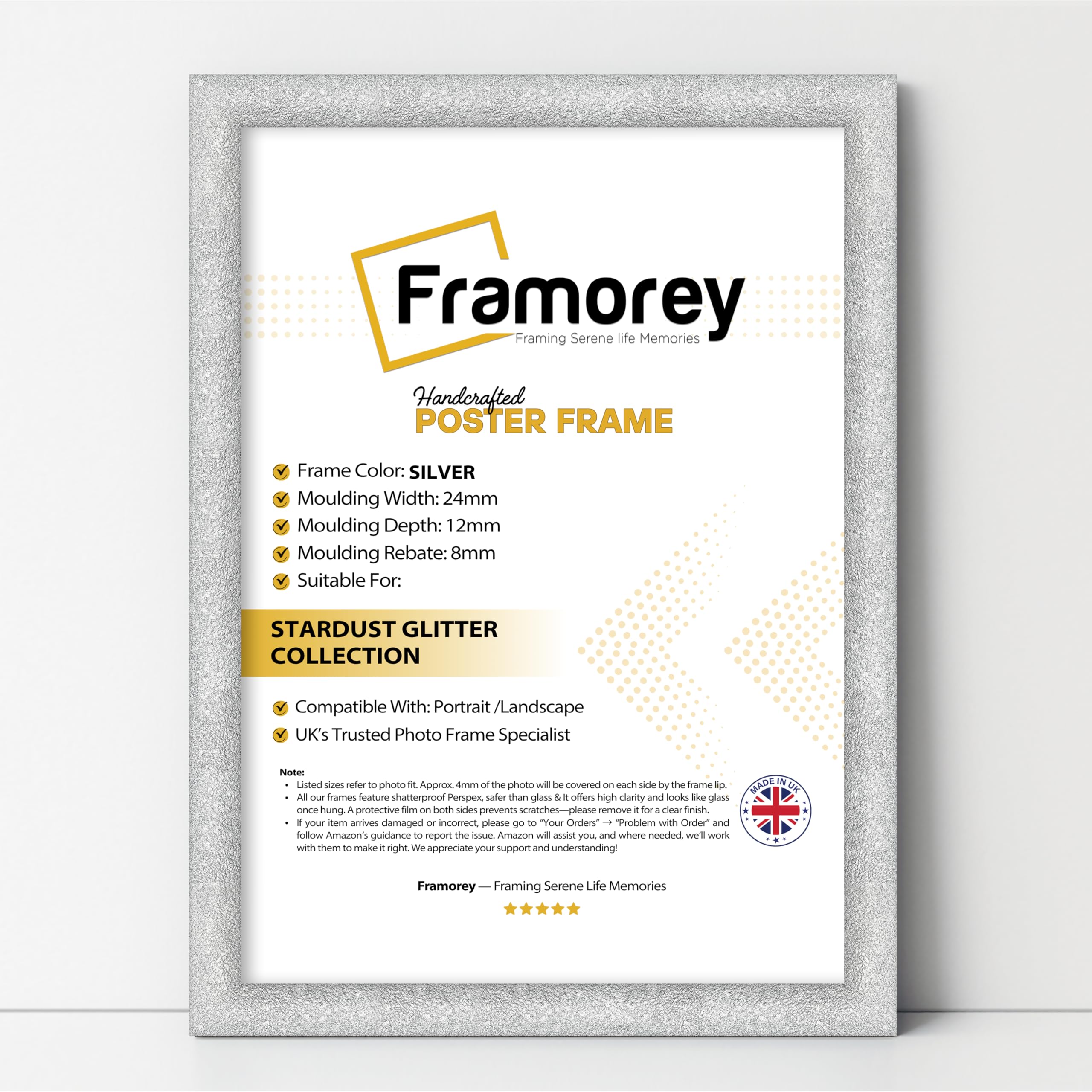 Framorey Framing Serene Life Memories Silver Framorey Glitter Sparkle Stardust Picture Frame, 30X40 Cm Size Photo Frames, Wall Hanging Photo Print Frame, Home Décor Frames