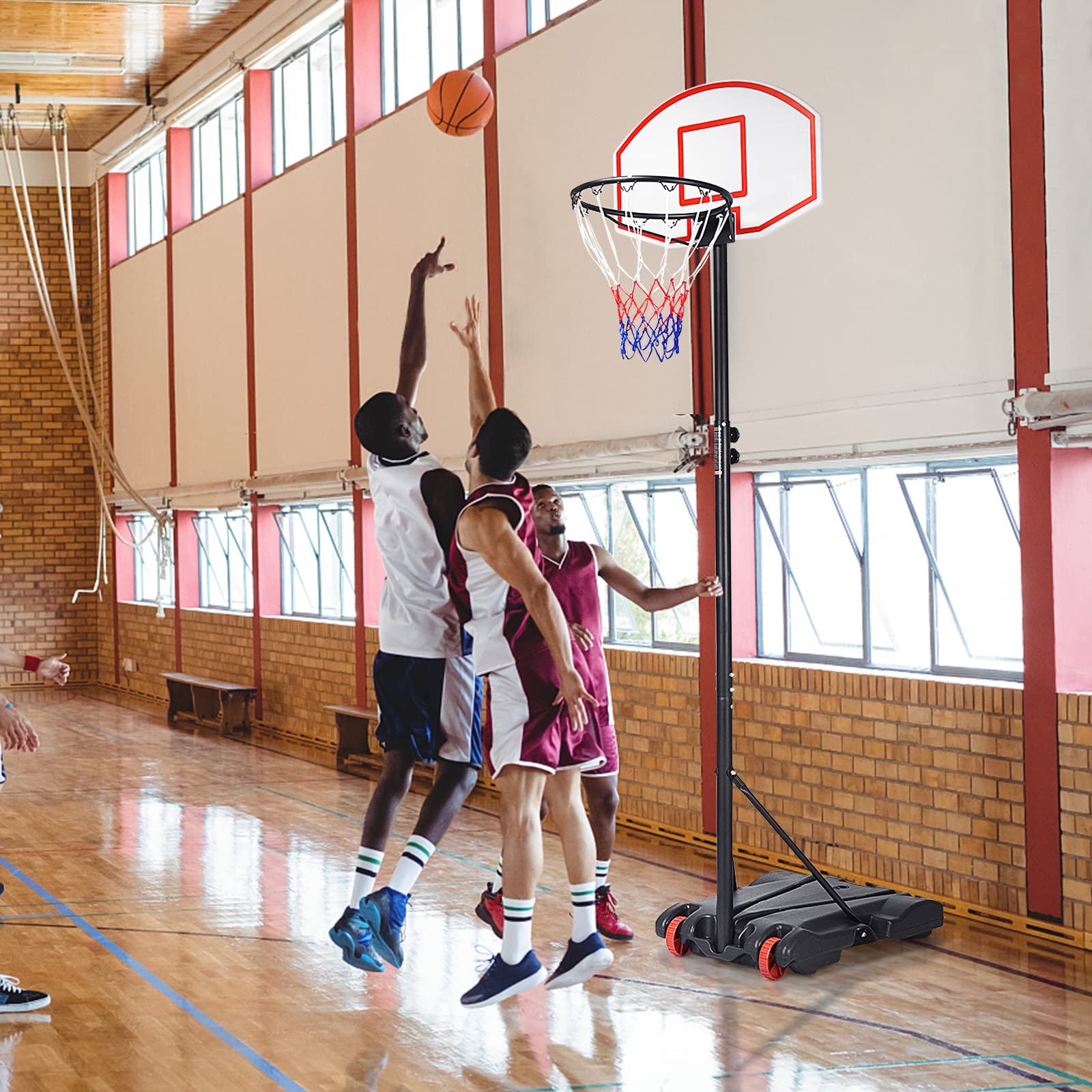 GYMAX Panier de Basket-Ball Extérieur pour Enfants, Hauteur Réglable 178-208cm, 2 Filets Inclus, Mobile avec Roues, Base Remplissable d'eau 25kg ou Sable 30kg