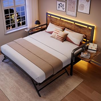 Jocoevol Daybed with Trundle and LED Light, Heavy Duty Metal Twin Bed Frame with Movable Charging Station, Day Bed Pop Up Trundle Bed Twin for Living Room, Bedroom and Guest Room, Brown