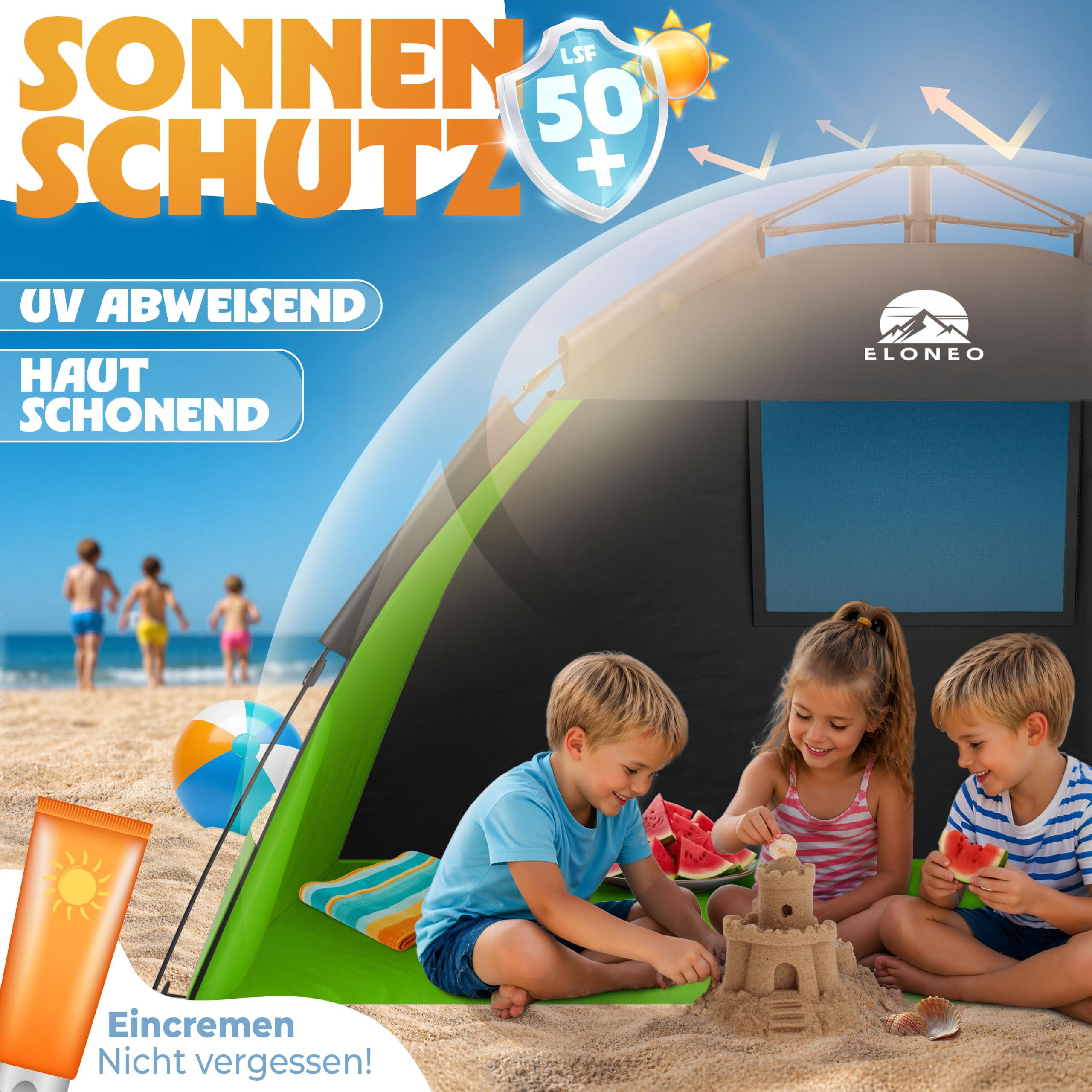 ELONEO Pop Up Strandmuschel UV Schutz 50+ | Strandzelt XXL 220x150x130 cm | Leichter Aufbau und kleines Packmaß inkl. Tragetasche | Strand Sonnenschutz & Windschutz für Babys und Erwachsene