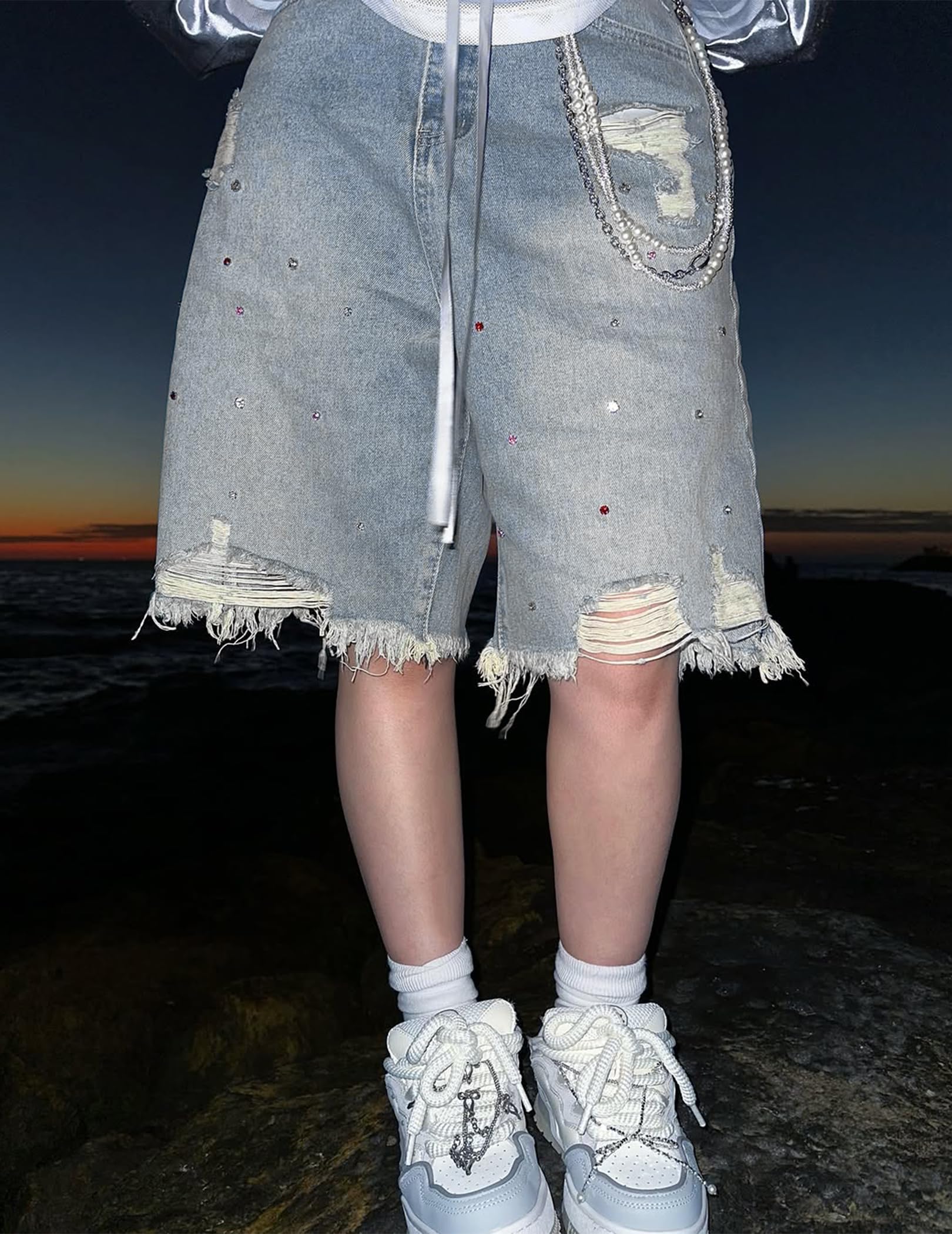 Aelfric Eden Damen Jeans Shorts Herren Baggy Jorts Unisex Rhinestone Jeansshorts Sommer Weites Bein Denim Kurze Hosen Y2K Streetwear