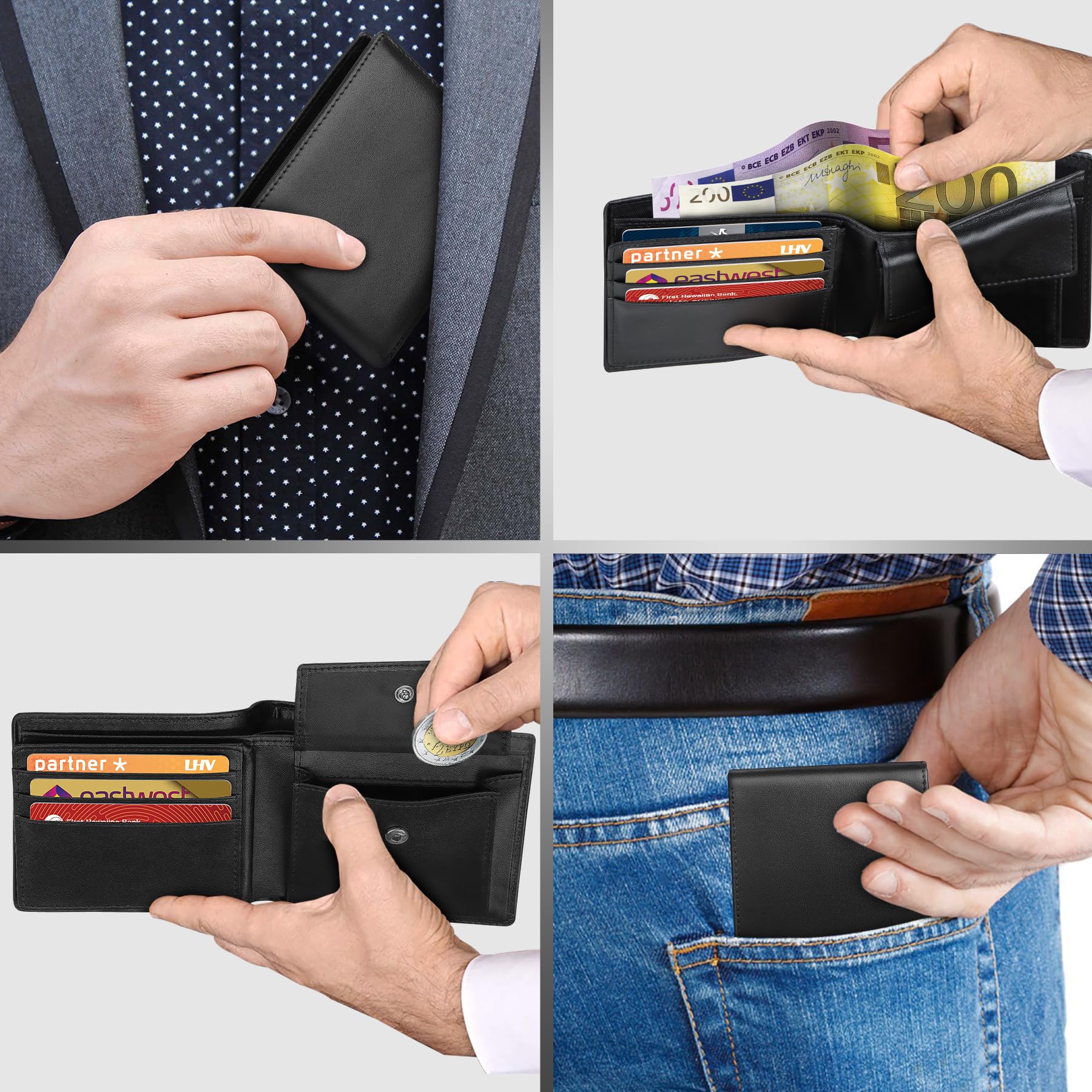 WONSEFOO Portefeuille Homme en Cuir Blocage RFID, Mince Porte-Monnaie avec Porte-Clés, 10 Porte-Carte de Crédit (fenêtre ID), 2 Compartiment à Billets, 1 Grande Poche à Monnaie, Cadeau Parfait-Noir