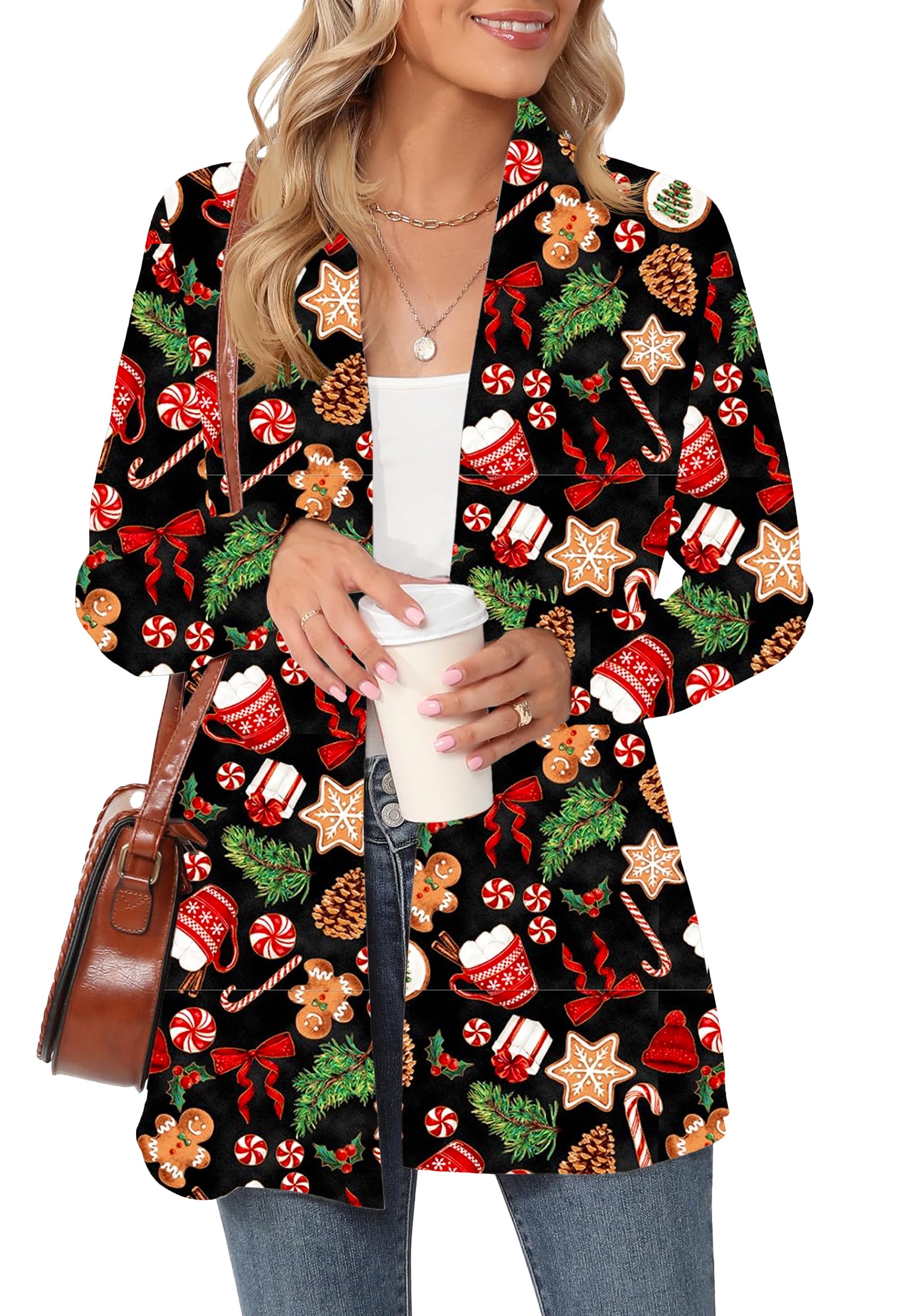 Womens Christmas Long Sleeve Lightweight Cardigan Xmas Graphic Print Coat