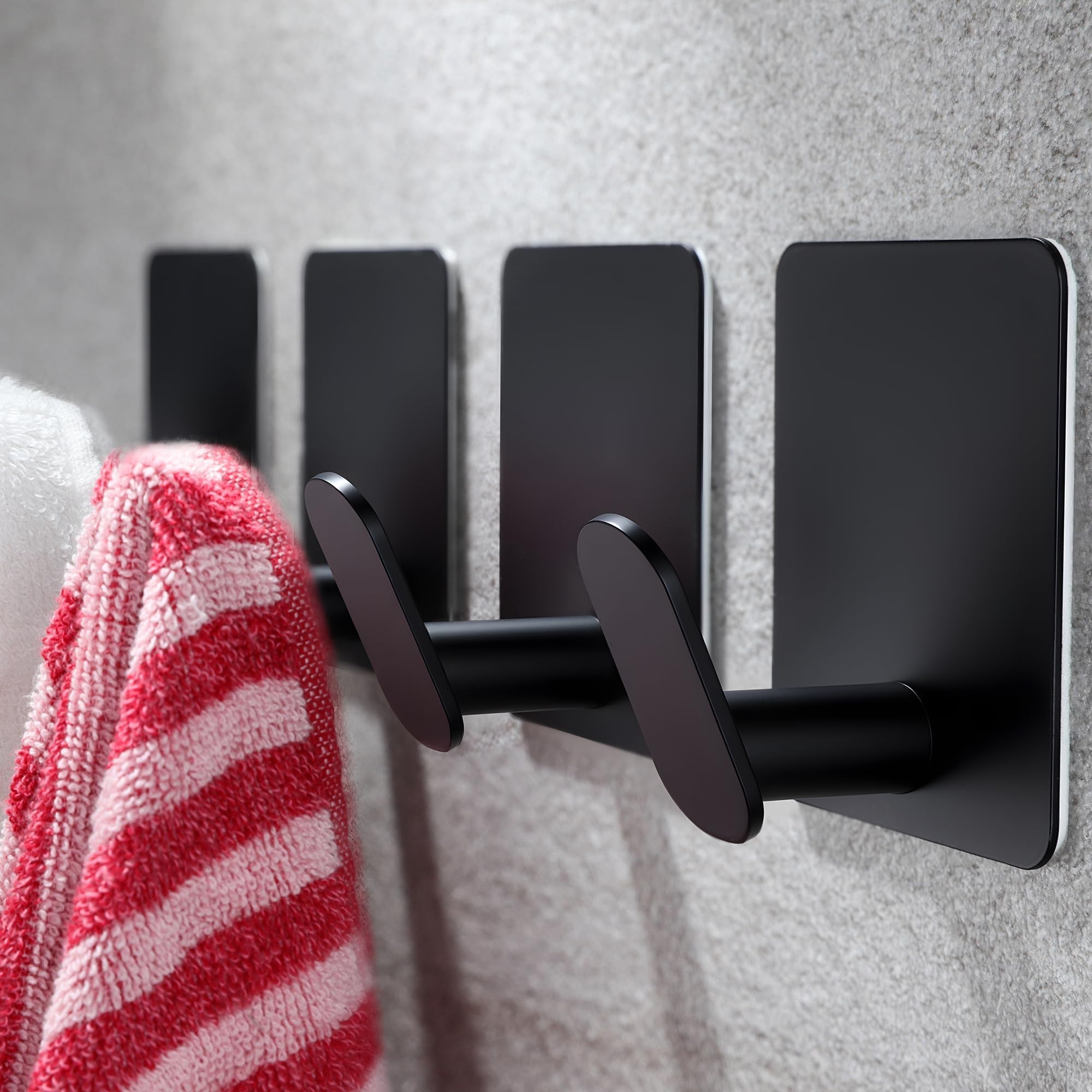 YIGII Adhesive Hooks, 4 Pack Black Towel Hooks for Bathroom and Kitchen, Waterproof Stainless Steel Wall Hook for Hanging Coat, Hat, Loofah