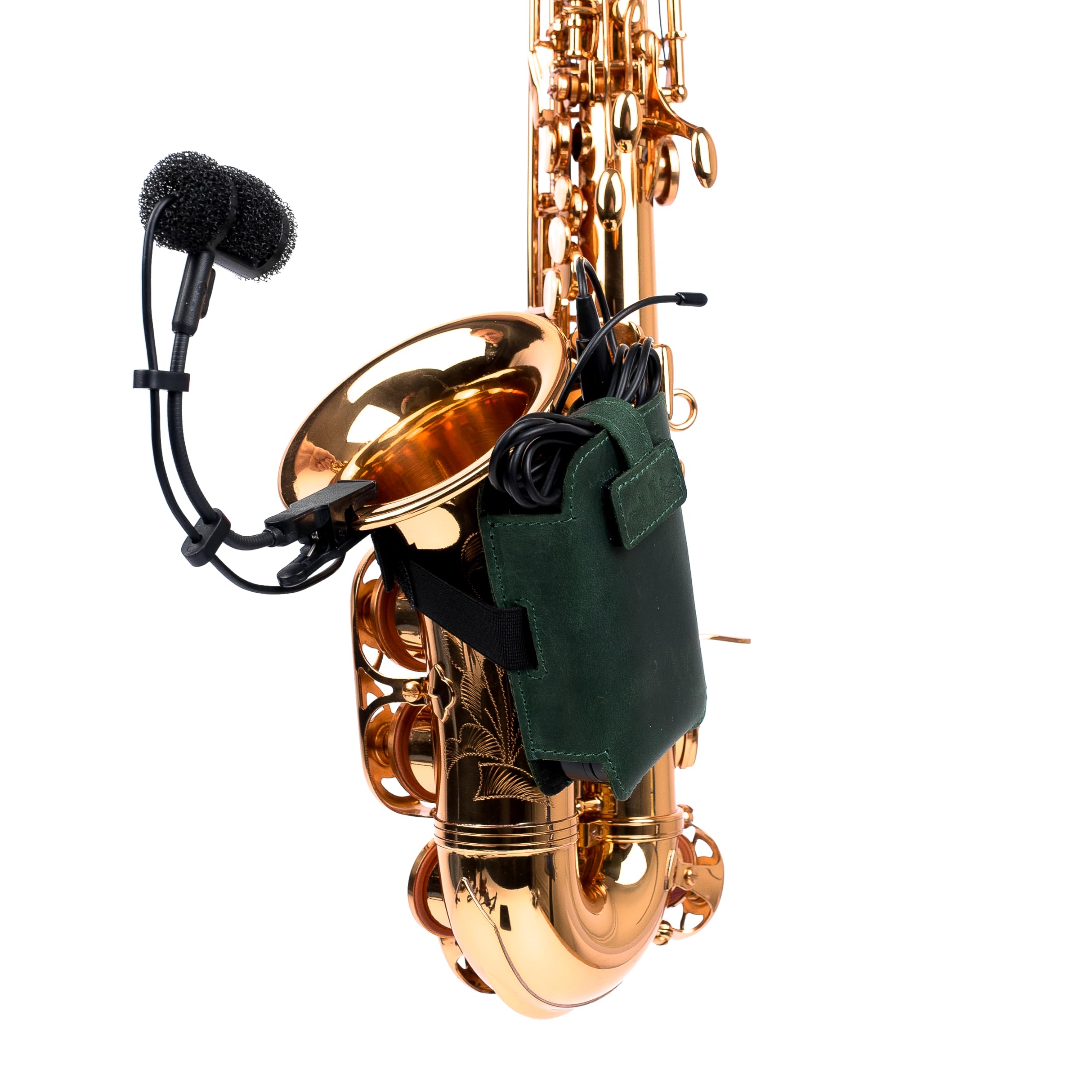 Sassofono microfono trasmettitore porta microfono in vera pelle cinghie elastiche regolabili per vestibilità sicura ideale per jazz, studio, concerti dal vivo (verde)