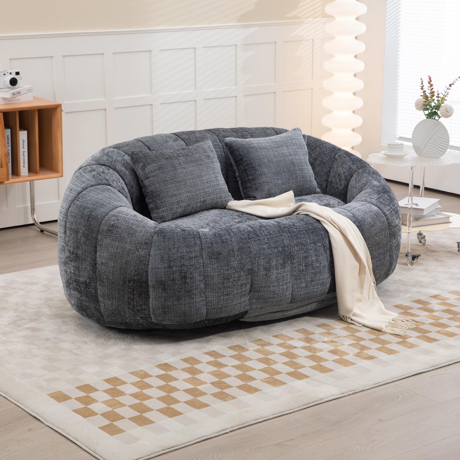 Giant Bean Bag Couch Chair with 2 Pillows, Oversized Memory Foam Bean Bag Sofa, High Back Chenille Floor Lounger for Adults, Living Room, Bedroom (Gray)