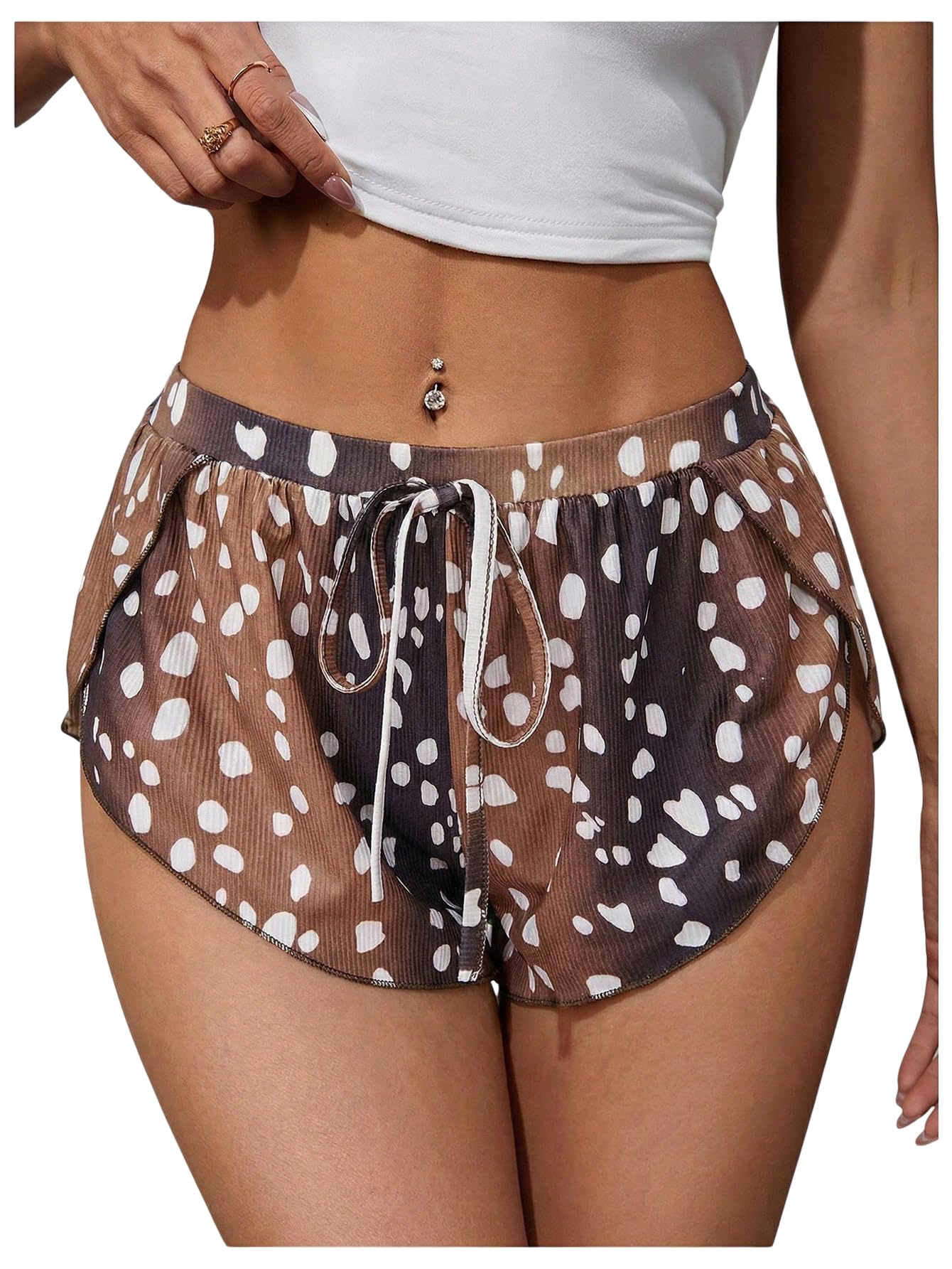 Photo 1 of MakeMeChic Women's Pajama Bottoms Floral Print Tie Front Micro Short Side Slit Summer Lounge Shorts Brown Polka Dots Small