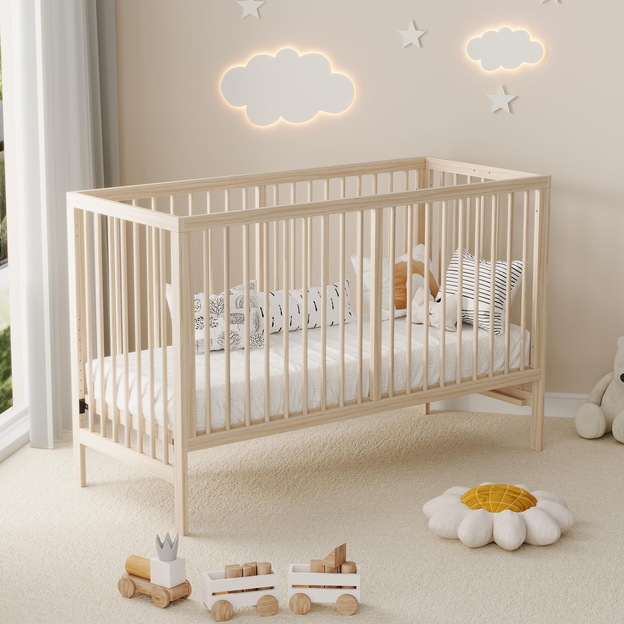 Holz Babybett 140x60x90cm,multifunktionales Babybett, umwandelbar in Nebenbett/Malerbrettständer/Schreibtisch, höhenverstellbar, ohne Matratze, aus Fichte, naturfarben