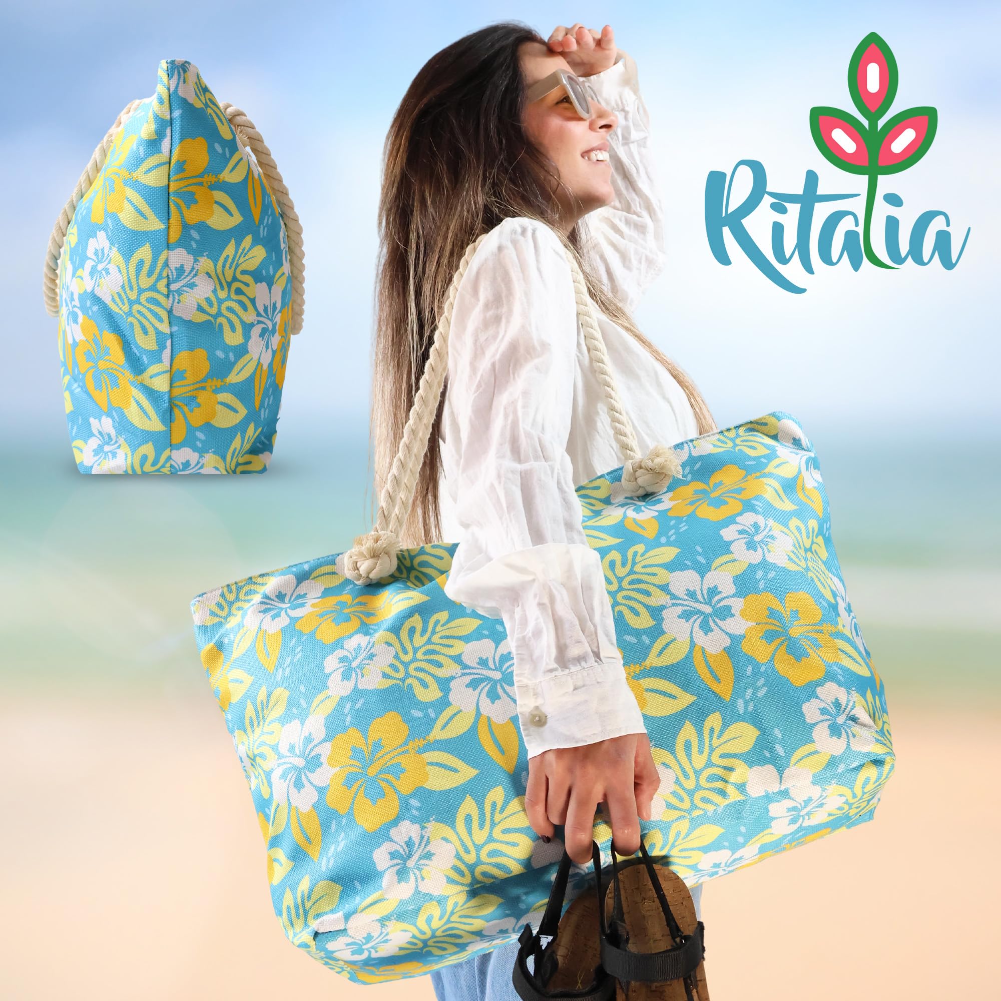 Ritalia® Duża torba plażowa XXL dla rodzin | Damskie torby plażowe i torba na basen | Wodoodporna torba plażowa z zamkiem błyskawicznym | Damski kosz plażowy | Rodzinny worek plażowy