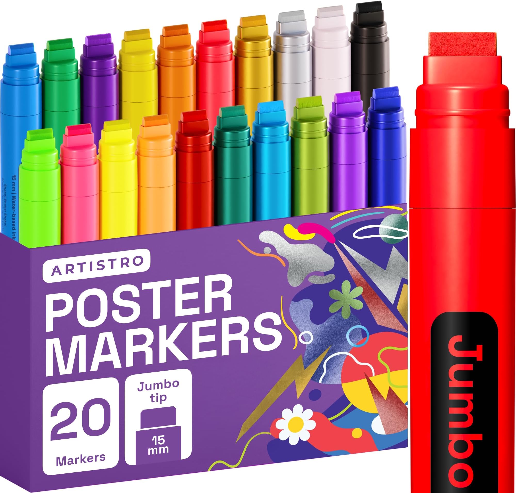 20 Jumbo Markers, Acrylic Markers with 15mm Jumbo Felt Tip for Rock, Wood, Canvas, Ceramic, Glass & More - Acrylic Paint Markers for Murals Posters Art Journals Tagging Calligraphy
