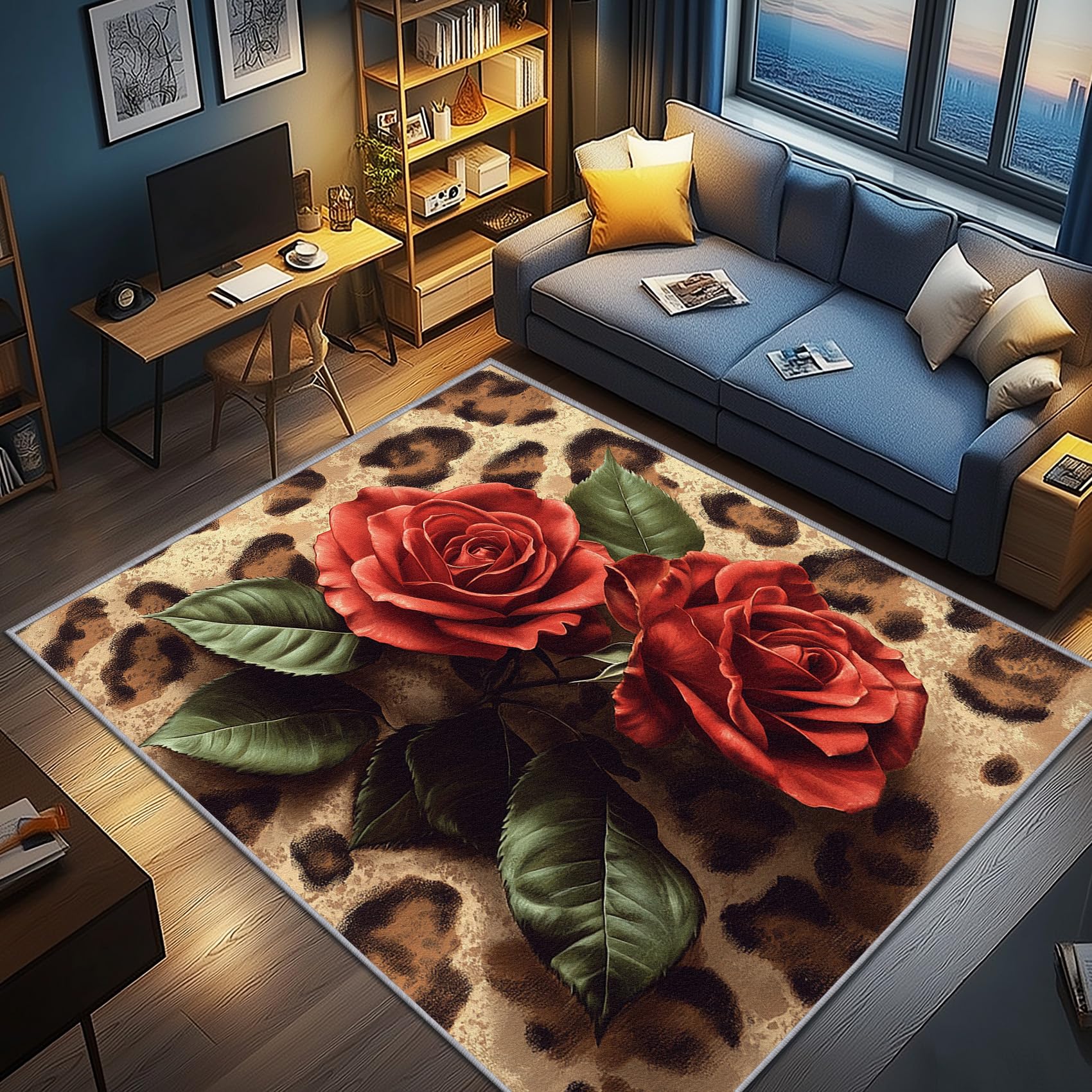 Rosen Deko, Leopardenmuster Teppich 240x340 Kurzflor, Großer Teppich Wohnzimmer Luxus Modern Floral, Weich rutschfest Waschbare Teppiche, Bettvorleger Schlafzimmer Kinderzimmer