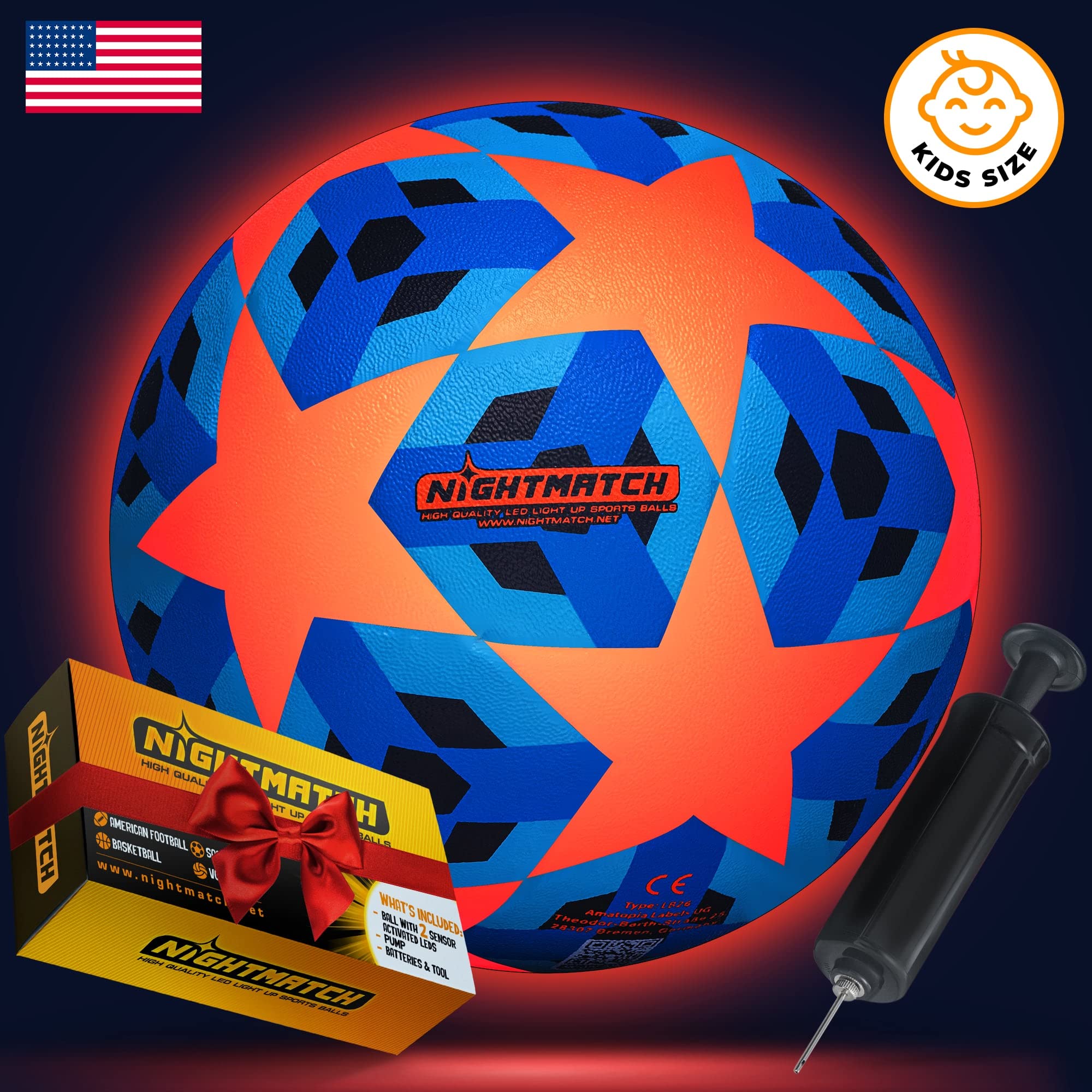 NIGHTMATCH Light Up Soccer Ball - Extra Pump and Batteries - Perfect Glow in The Dark Soccer Ball Size 3 with Spare Batteries - Waterproof Glow Soccer Ball with Two Bright LEDs