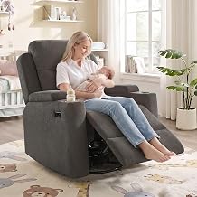 Power Nursery Glider Rocking Chair, Comfy Chenille Grey | 270 Swivel, USB & Type-C Ports, Cup Holder & Armrest Storage, Comfy Electric Glider Recliner Chair for Living Room & Nursery