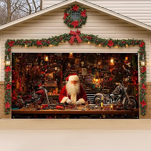 Miniatura 11 de Pancarta navideña para puerta de garaje, escena nocturna de invierno de 6 x 13 pies con camión retro de Papá Noel, decoración grande de vacaciones