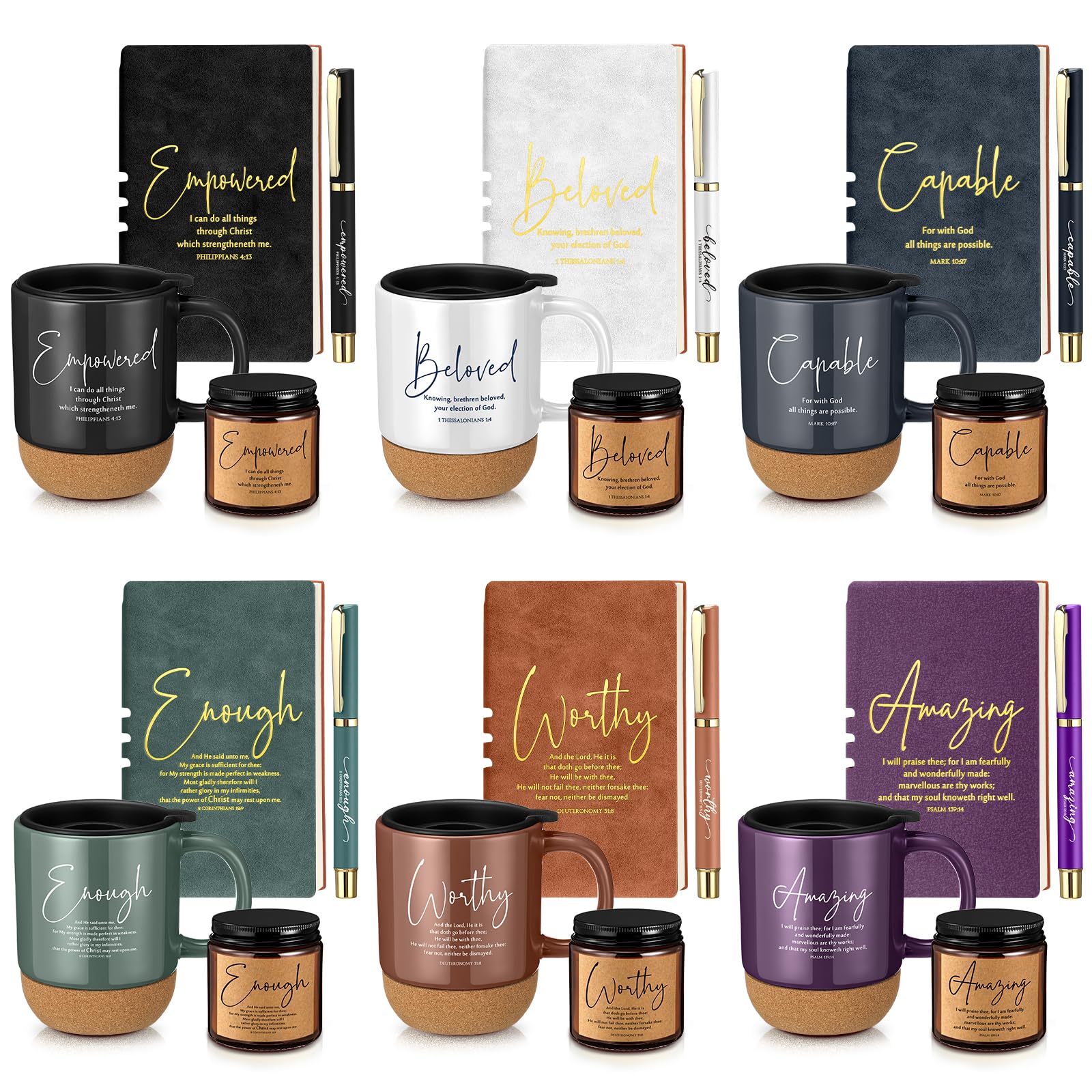 FillTouch 6-teiliges Set christliche Geschenke, 425 ml, Keramik-Bibelversen, Kaffeetasse, A6, Leder-Tagebuch mit Stift und Duftkerze, inspirierendes, religiöses Geschenk für Frauen, Männer