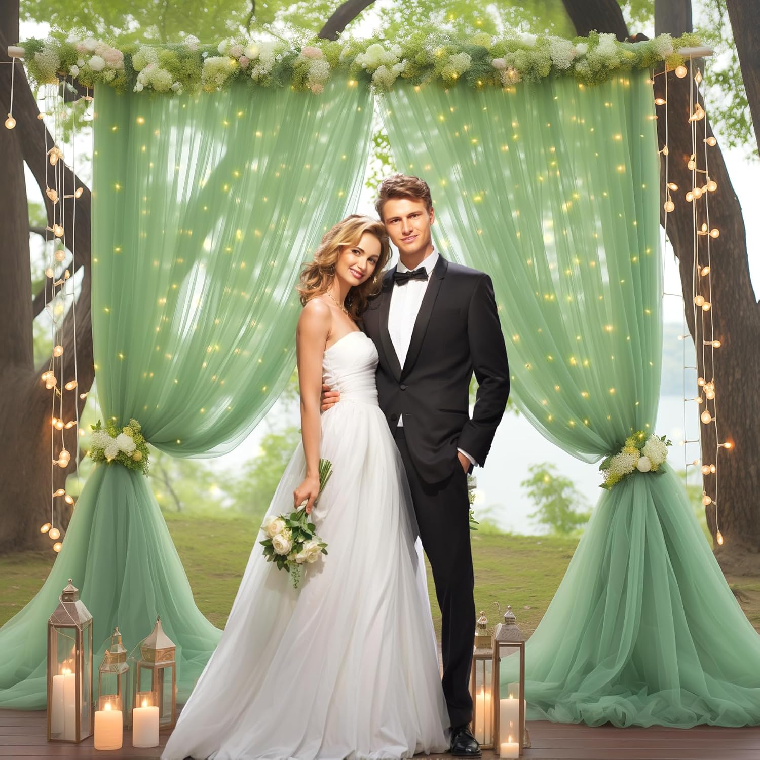 10ft x 8ft Green Backdrop Curtain with Lights String for Parties, Sheer Tulle Wedding Photo Backdrops Drapes for Baby Shower Birthday Party Decorations Background for Photography W5' x H8'(2 panels) Green